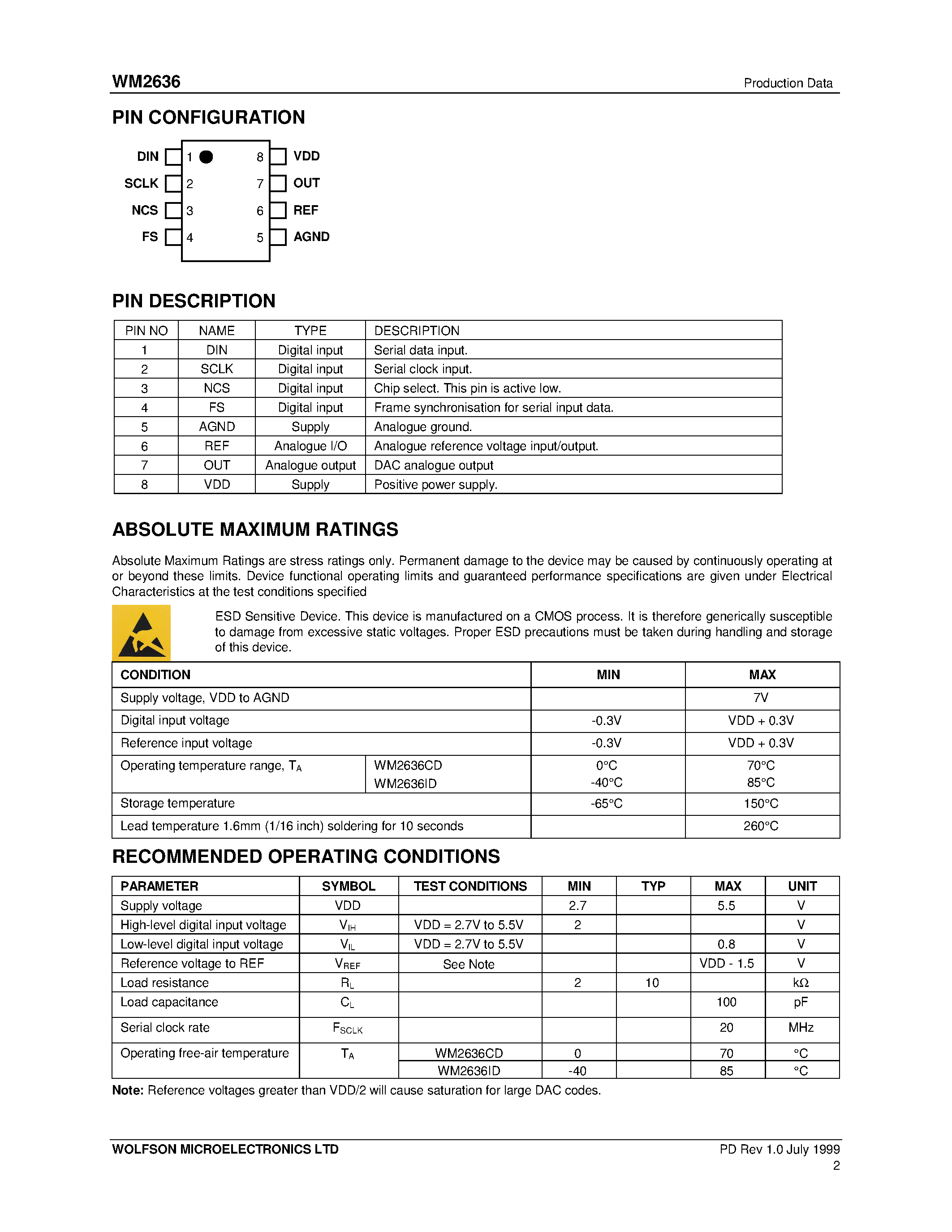 Datasheet WM2636 - 12-bit Serial Input Voltage Output DAC with Internal Reference page 2