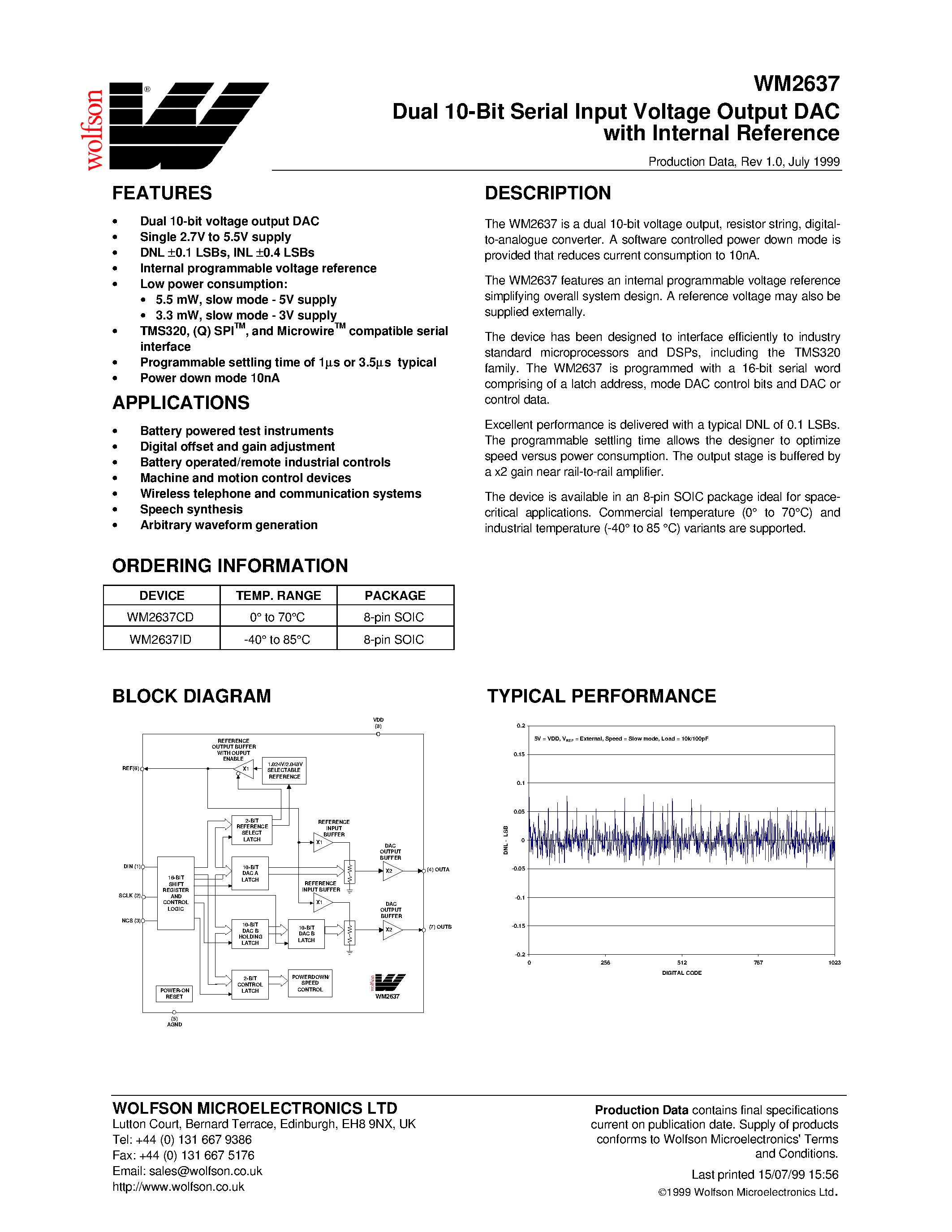 Datasheet WM2637 - Dual 10-Bit Serial Input Voltage Output DAC with Internal Reference page 1