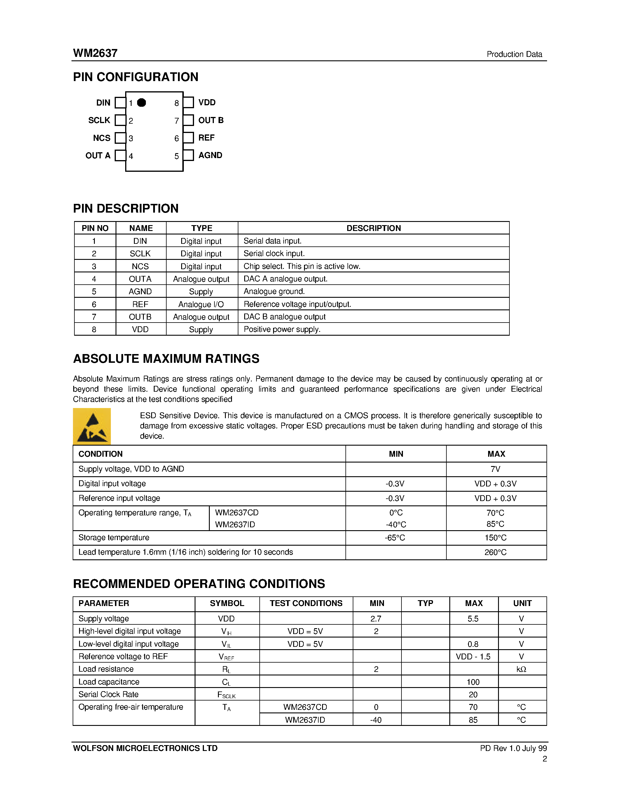 Datasheet WM2637 - Dual 10-Bit Serial Input Voltage Output DAC with Internal Reference page 2