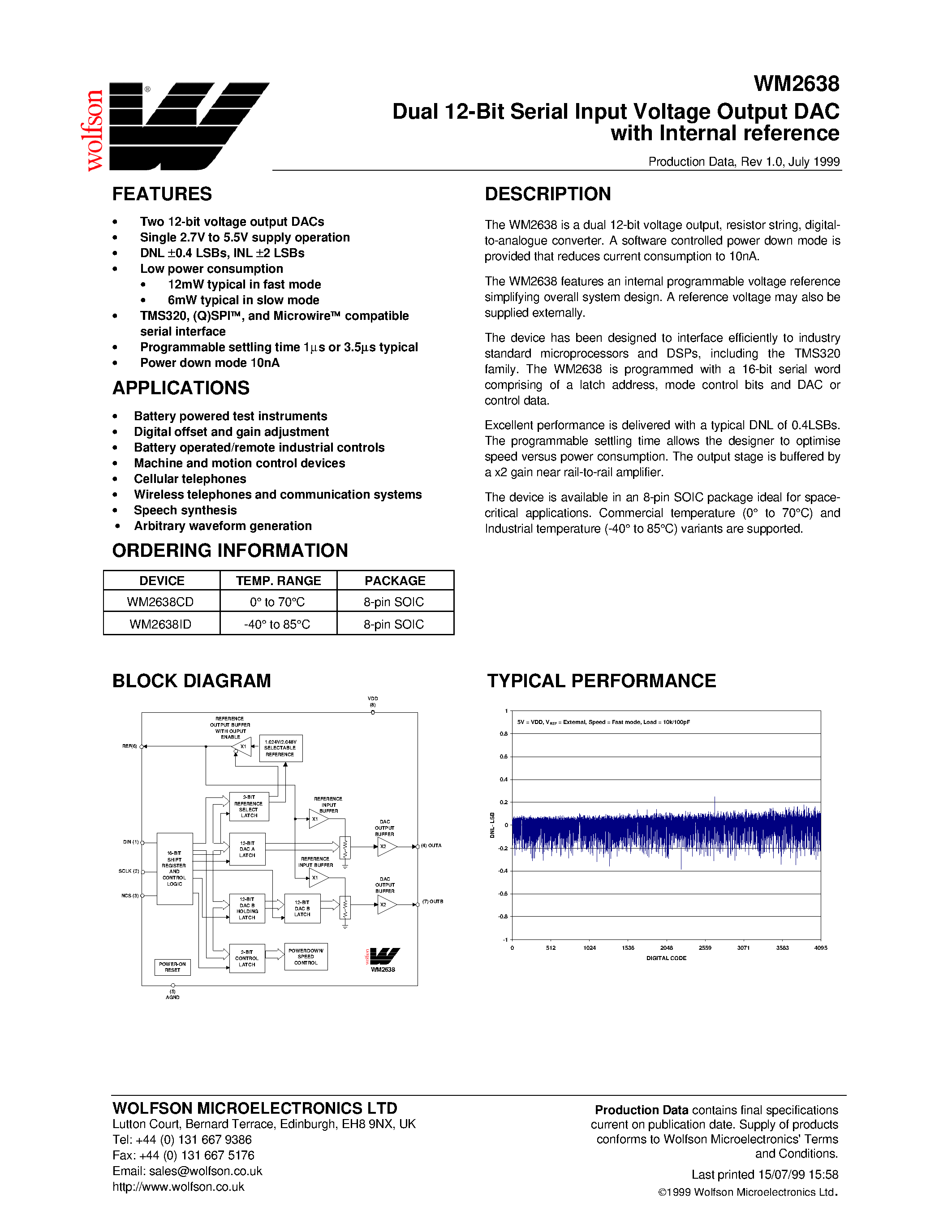 Datasheet WM2638 - Dual 12-Bit Serial Input Voltage Output DAC with Internal reference page 1