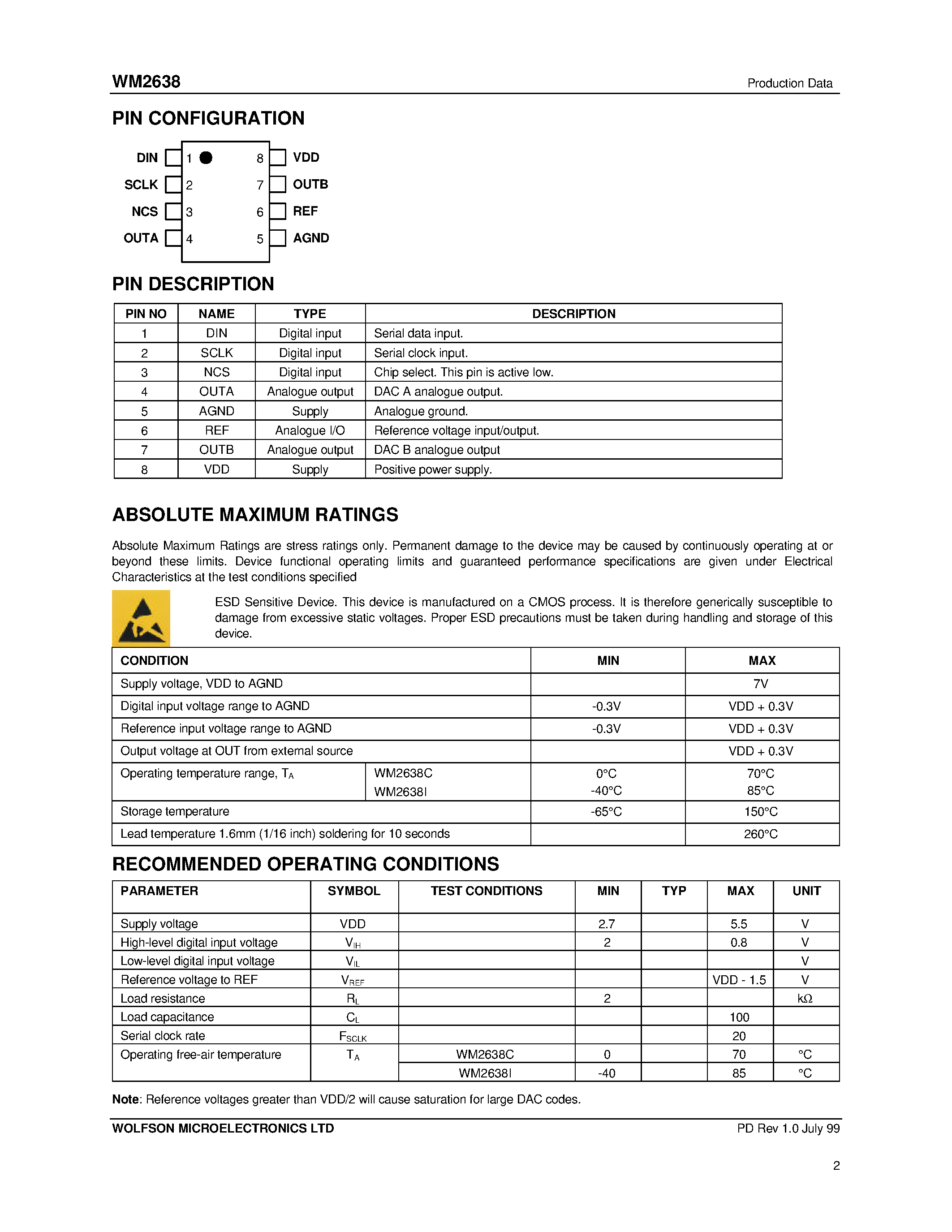 Datasheet WM2638 - Dual 12-Bit Serial Input Voltage Output DAC with Internal reference page 2