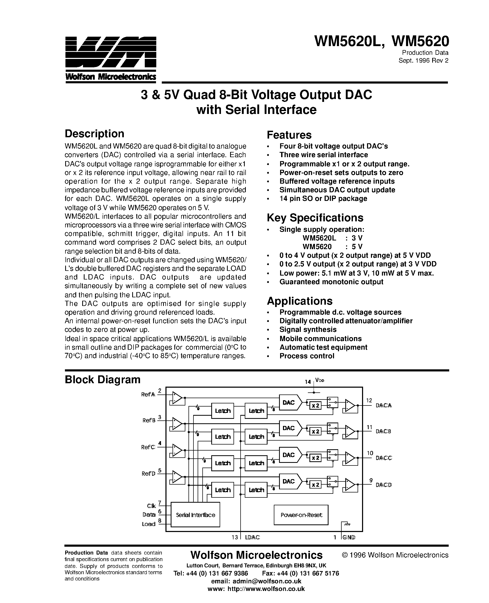 Datasheet WM5620 - 3 & 5V Quad 8-Bit Voltage Output DAC with Serial Interface page 1