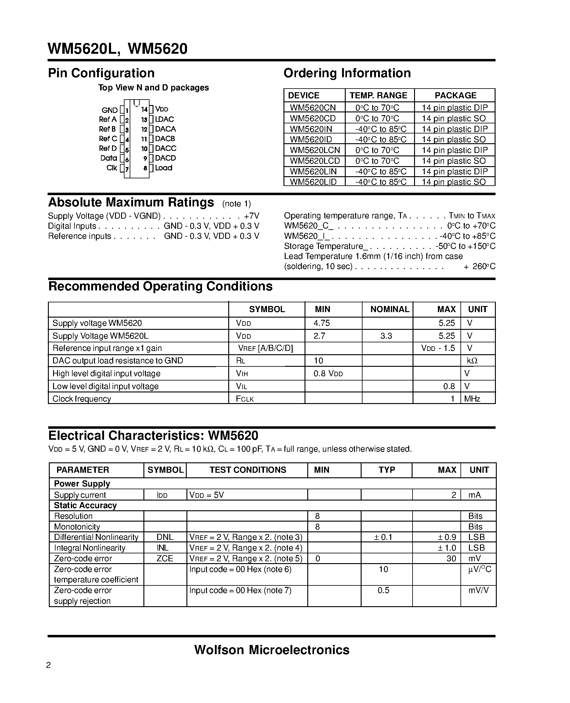 Даташит на микросхему WM5620 страница 2 Даташит WM5620 - 3 & 5V Quad 8-Bit Voltage Output DAC with Serial Interface страница 2