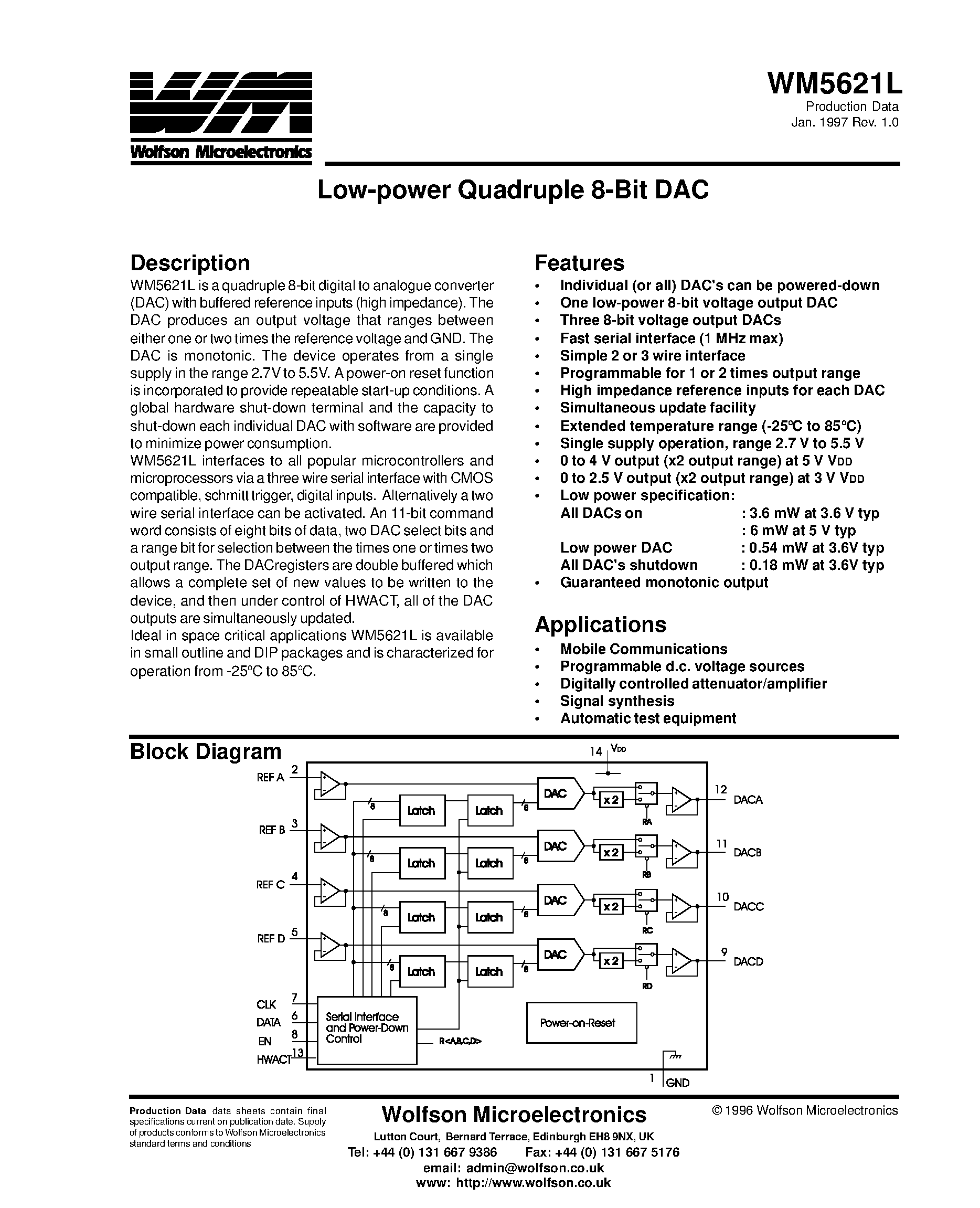 Даташит на микросхему WM5621L страница 1 Даташит WM5621L - Low-power Quadruple 8-Bit DAC страница 1