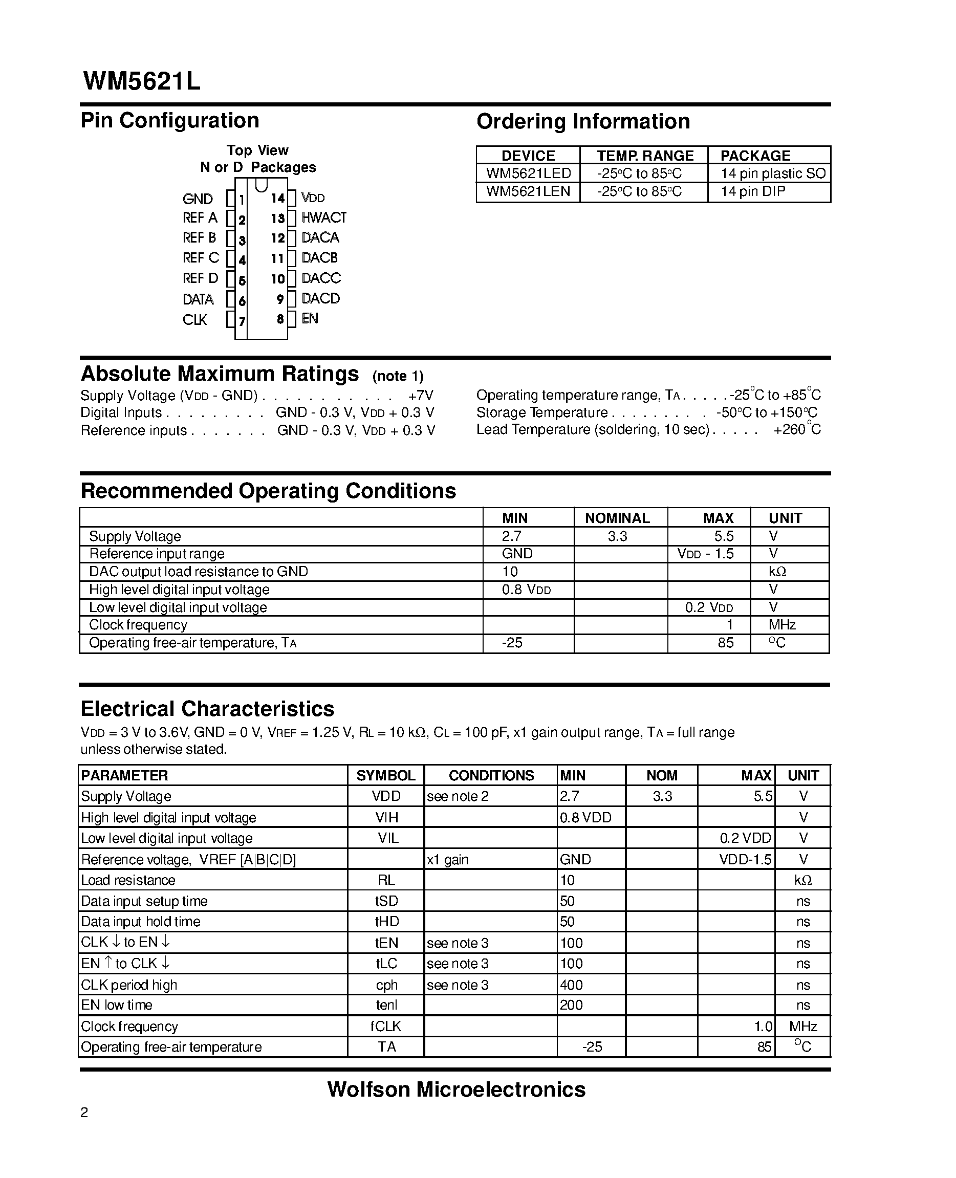 Даташит на микросхему WM5621L страница 2 Даташит WM5621L - Low-power Quadruple 8-Bit DAC страница 2
