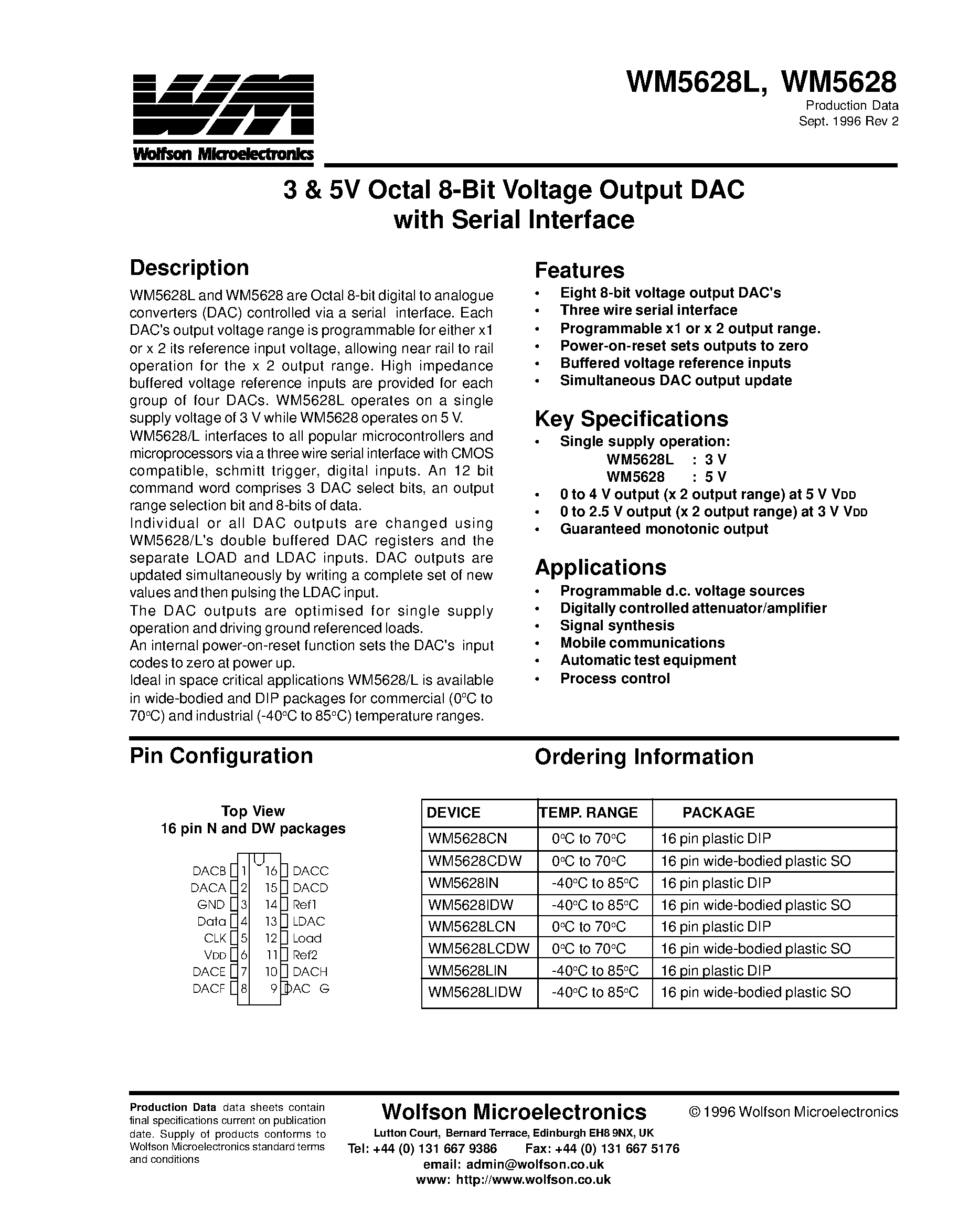 Datasheet WM5628 - 3 & 5V Octal 8-Bit Voltage Output DAC with Serial Interface page 1
