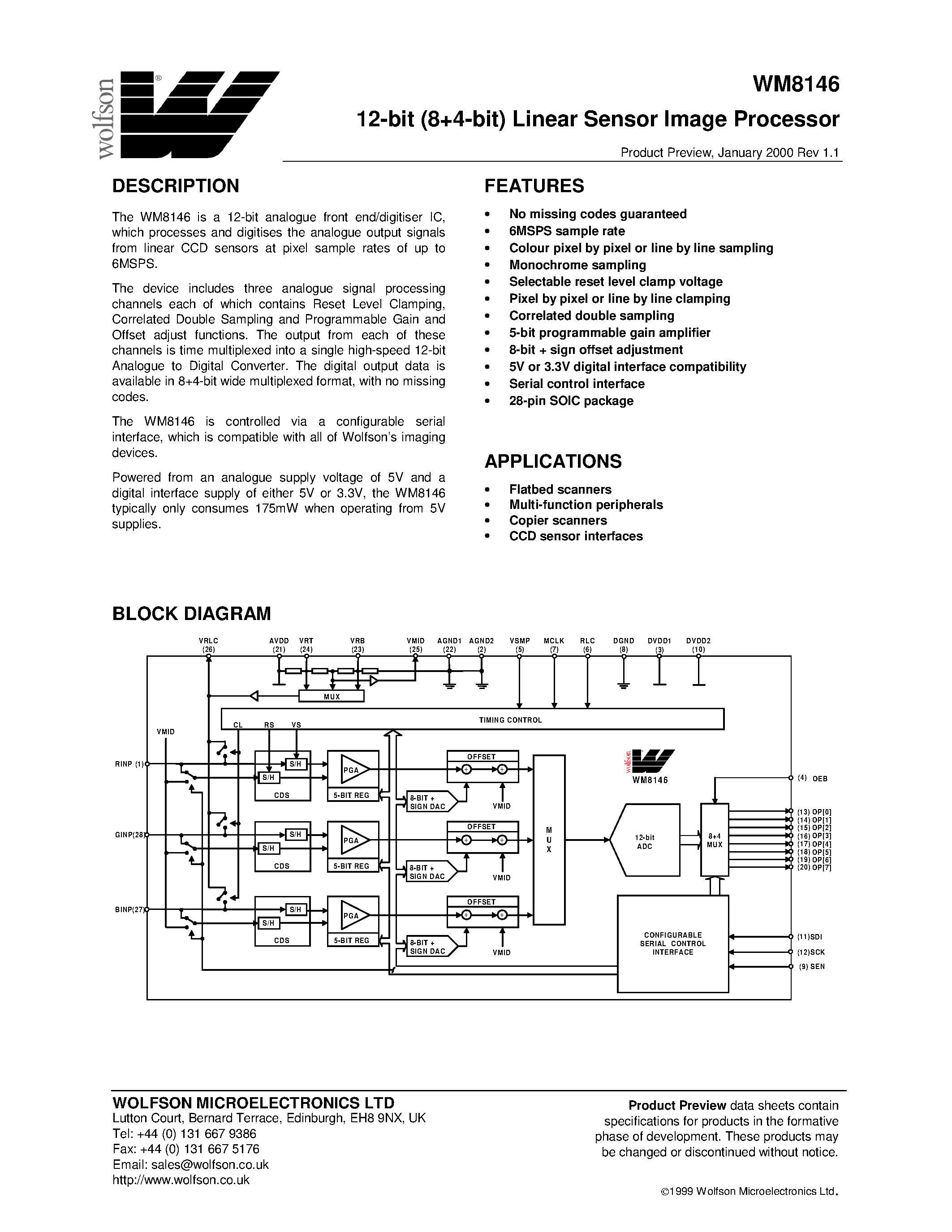 Даташит WM8146 - 12-bit(8+4-bit) Linear Sensor Image Processor страница 1