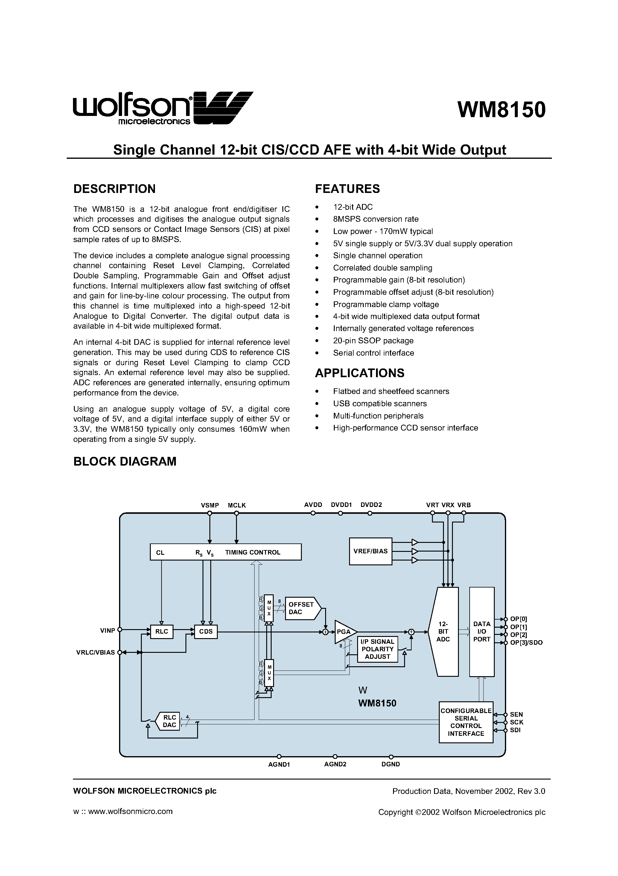 Даташит WM8150 - SINGLE CHANNEL 12 BIT CIS/CCD AFE WITH 4 BIT WIDE OUTPUT страница 1