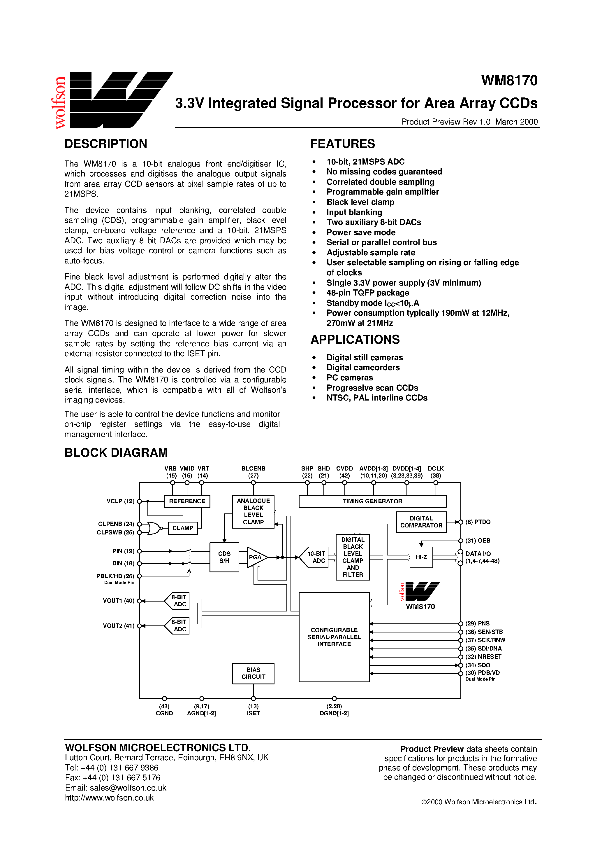 Даташит WM8170 - 3.3V Integrated Signal Processor for Area Array CCDs страница 1