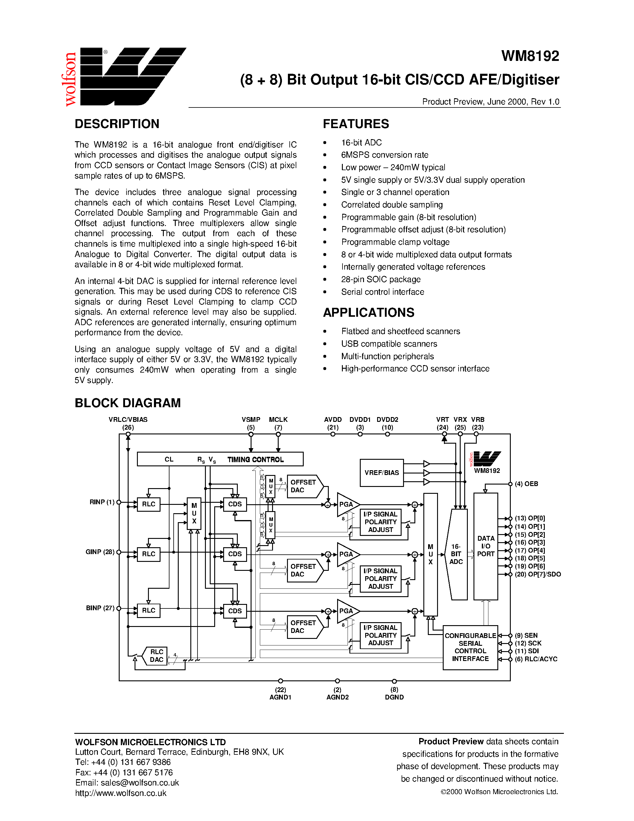 Datasheet WM8192 - (8+8) Bit Output 16-bit CIS/CCD AFE/Digitiser page 1