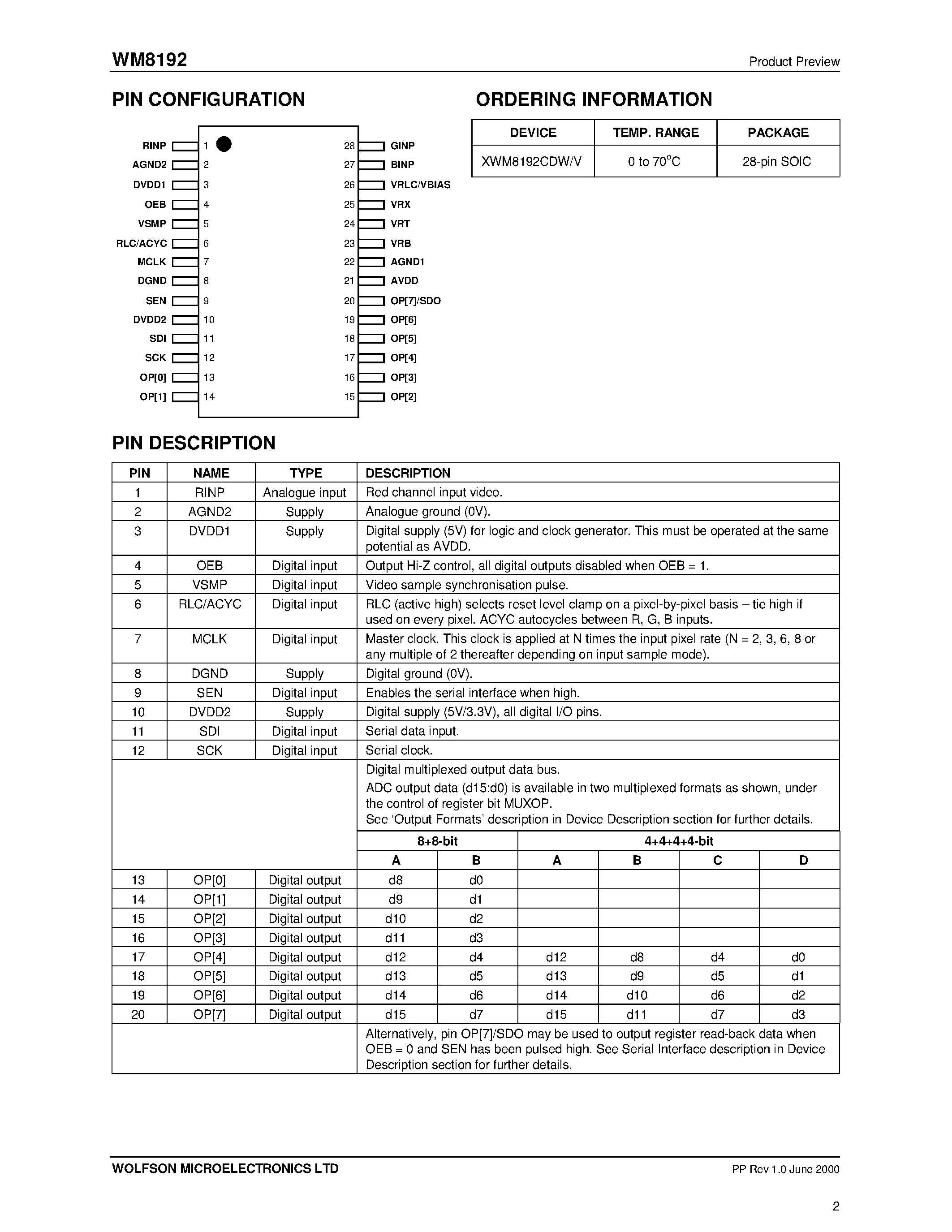 Datasheet WM8192 - (8+8) Bit Output 16-bit CIS/CCD AFE/Digitiser page 2