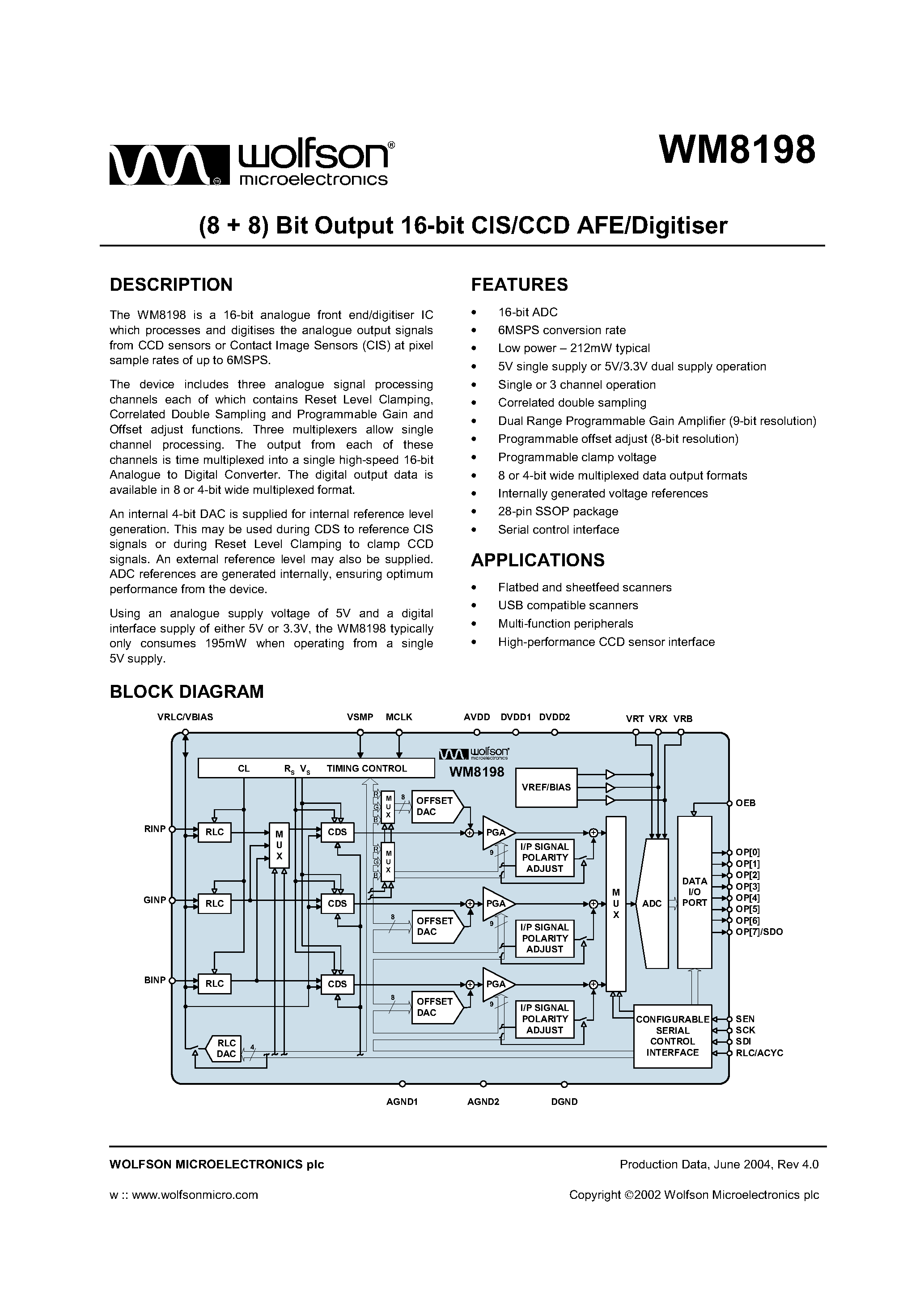 Datasheet WM8198 - (8 + 8 ) BIT OUTPUT 16 BIT CIS/CCD AFE/DIGITISER page 1