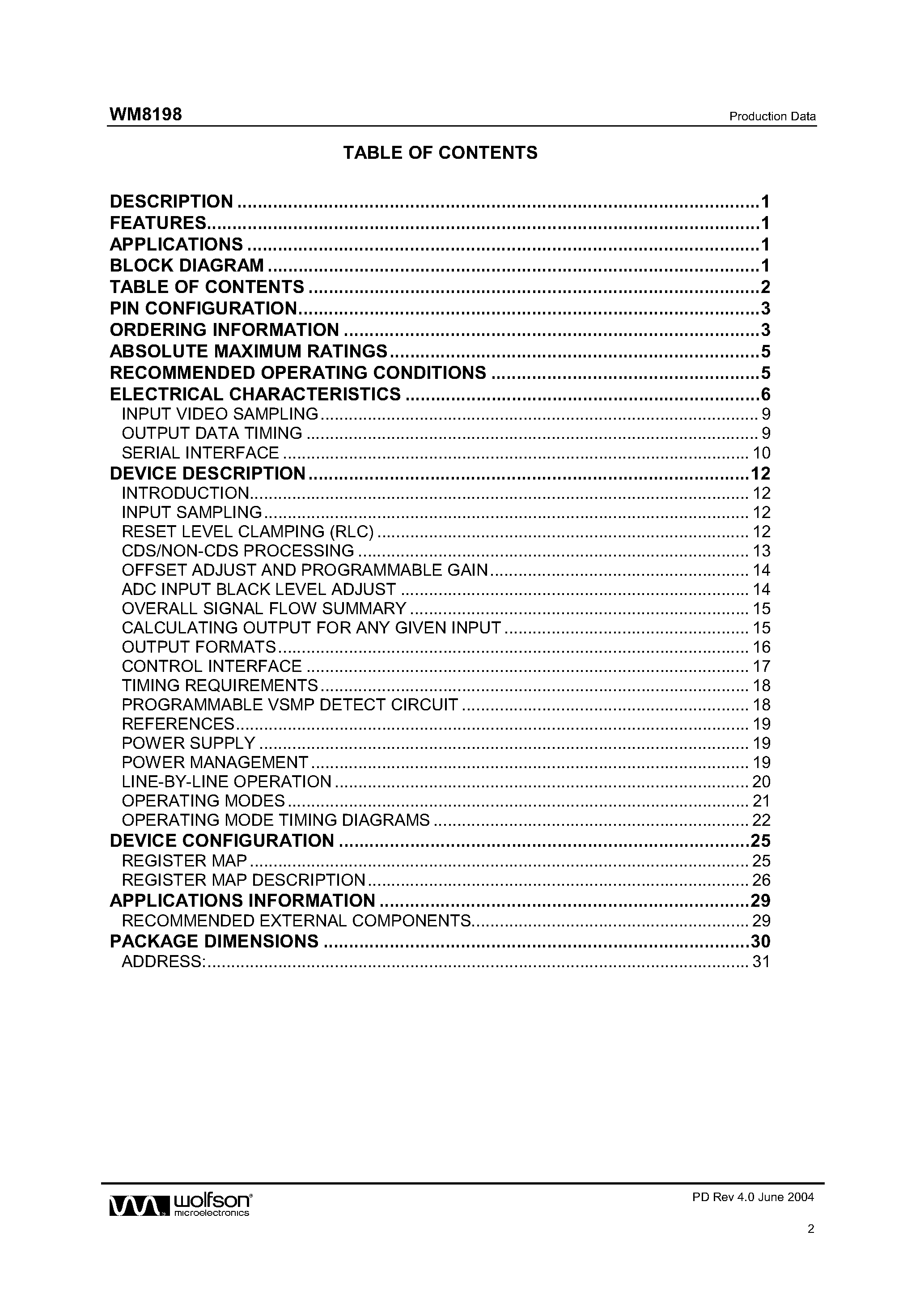 Datasheet WM8198 - (8 + 8 ) BIT OUTPUT 16 BIT CIS/CCD AFE/DIGITISER page 2