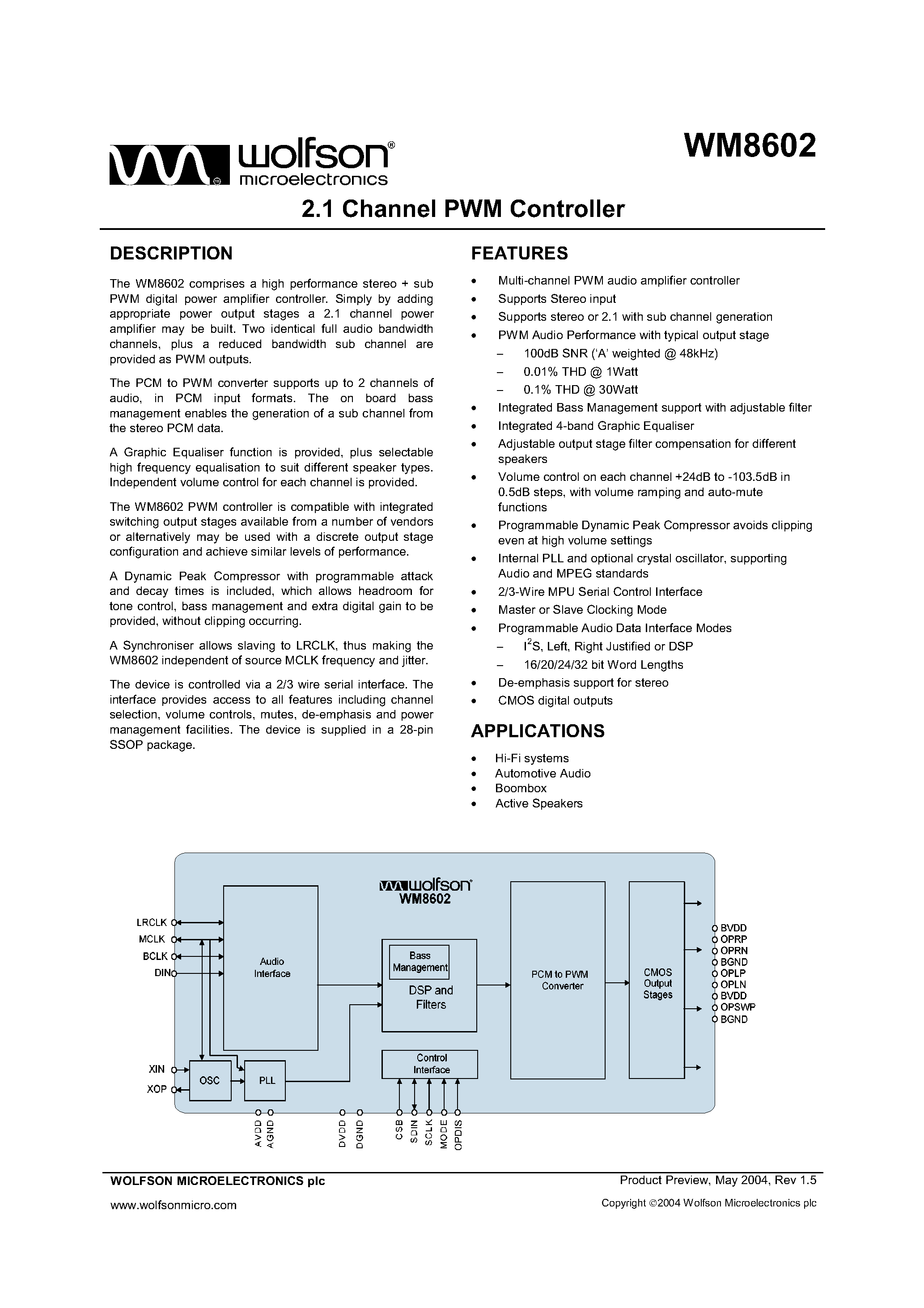 Datasheet WM8602 page 1 Datasheet WM8602 - 2.1 CHANNEL PWM CONTROLLER page 1