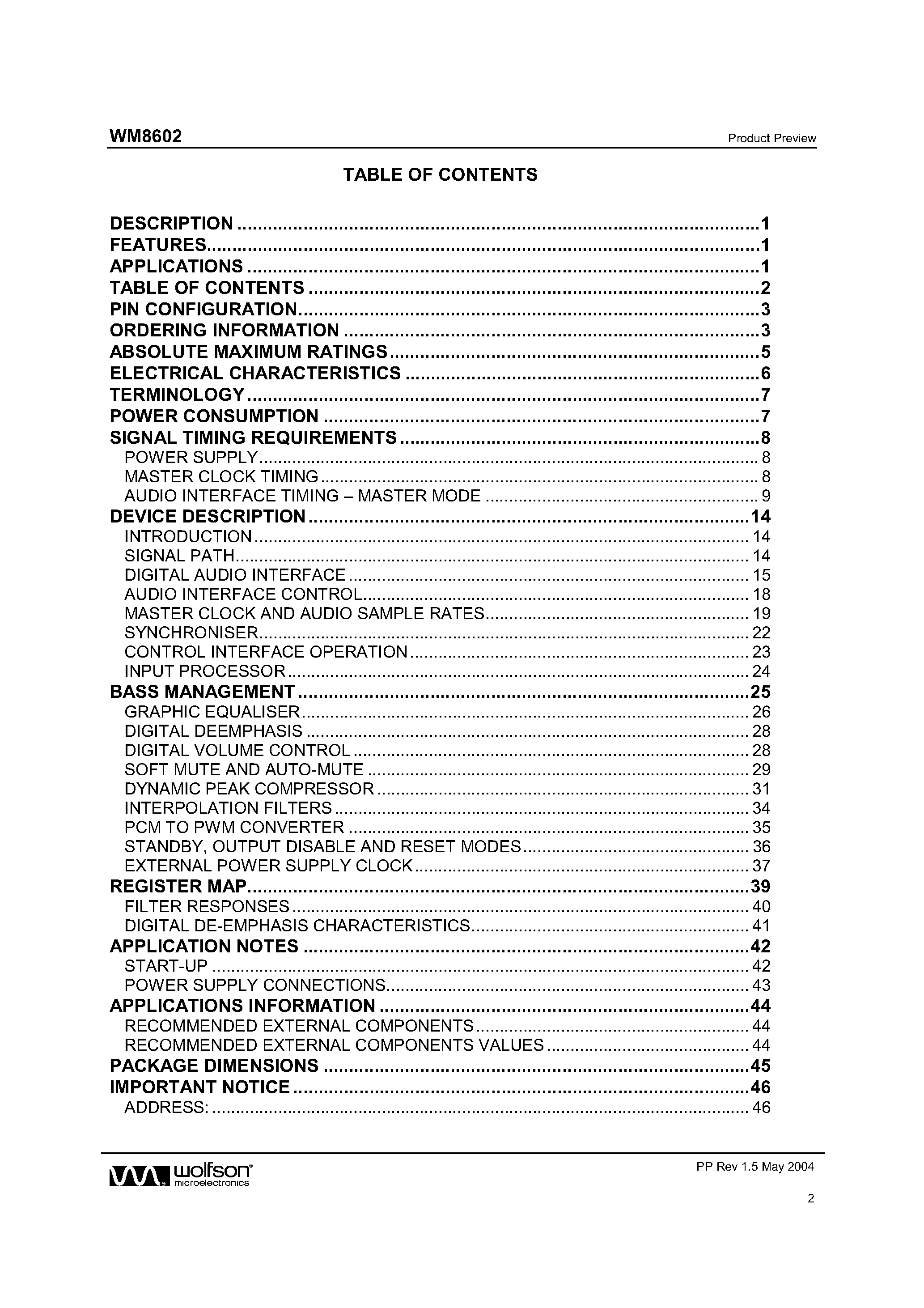 Datasheet WM8602 page 2 Datasheet WM8602 - 2.1 CHANNEL PWM CONTROLLER page 2