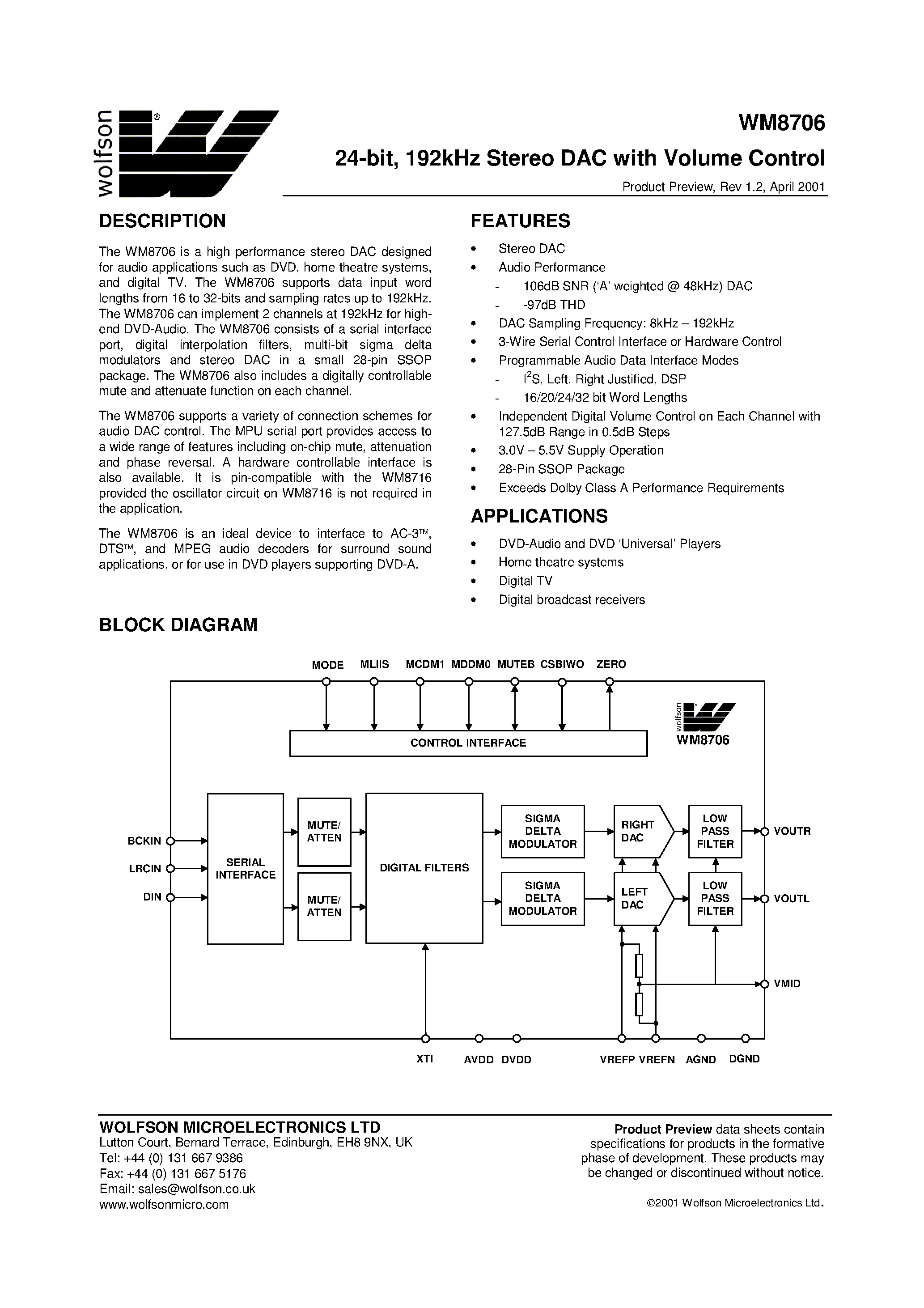 Datasheet WM8706 - 24-bit/ 192kHz Stereo DAC with Volume Control page 1