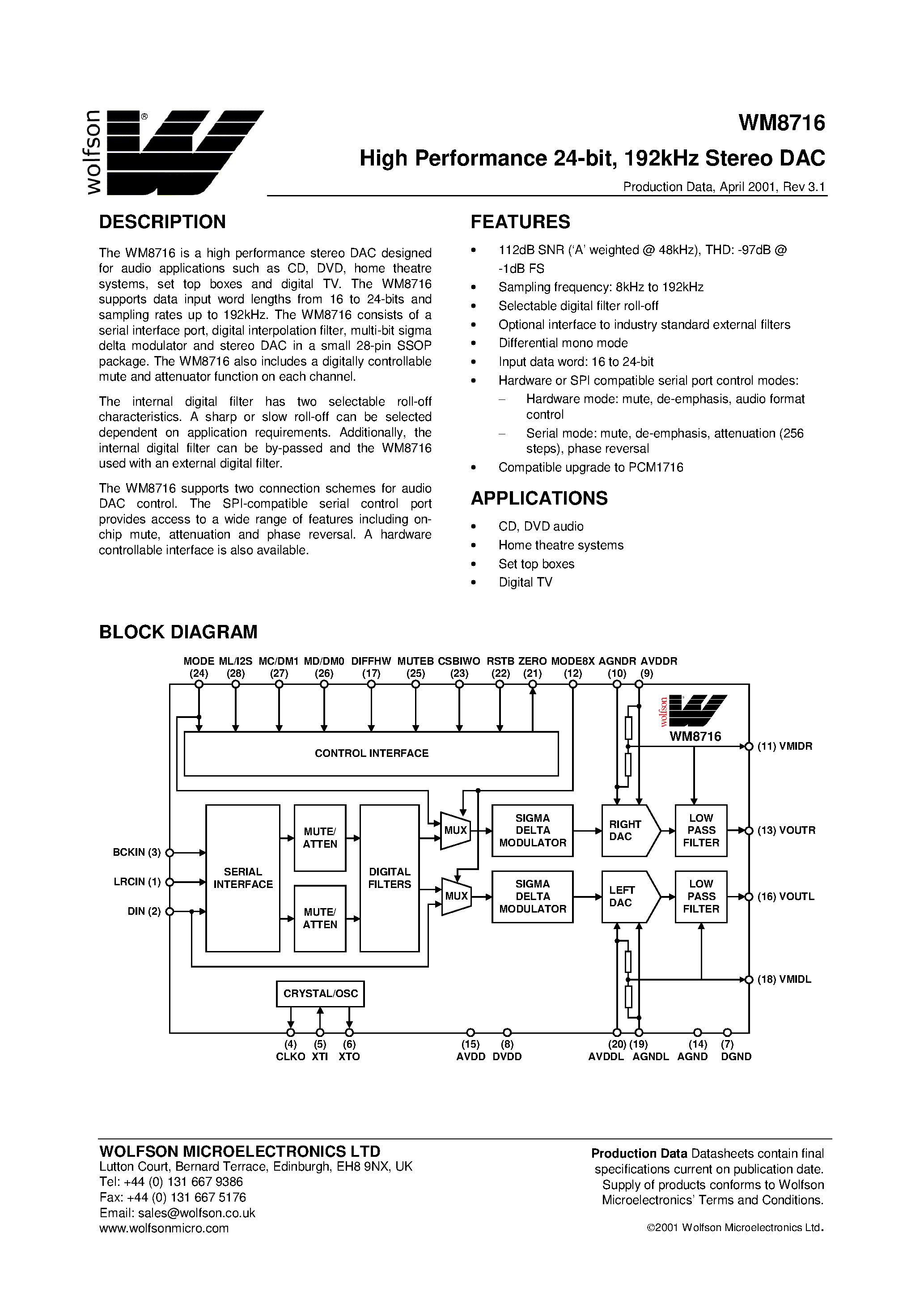 Даташит WM8716 - High Performance 24-bit/ 192kHz Stereo DAC страница 1