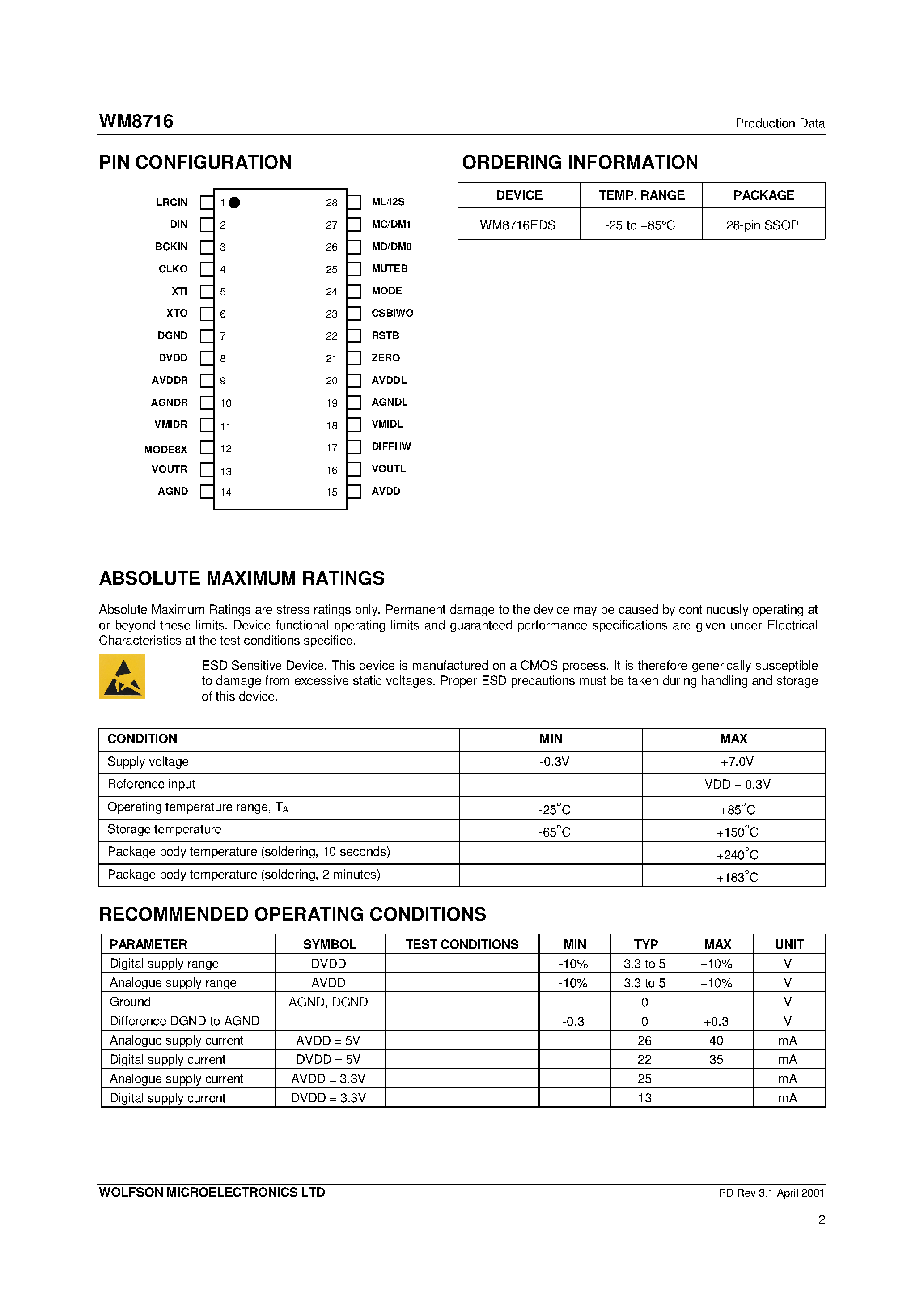 Даташит WM8716 - High Performance 24-bit/ 192kHz Stereo DAC страница 2