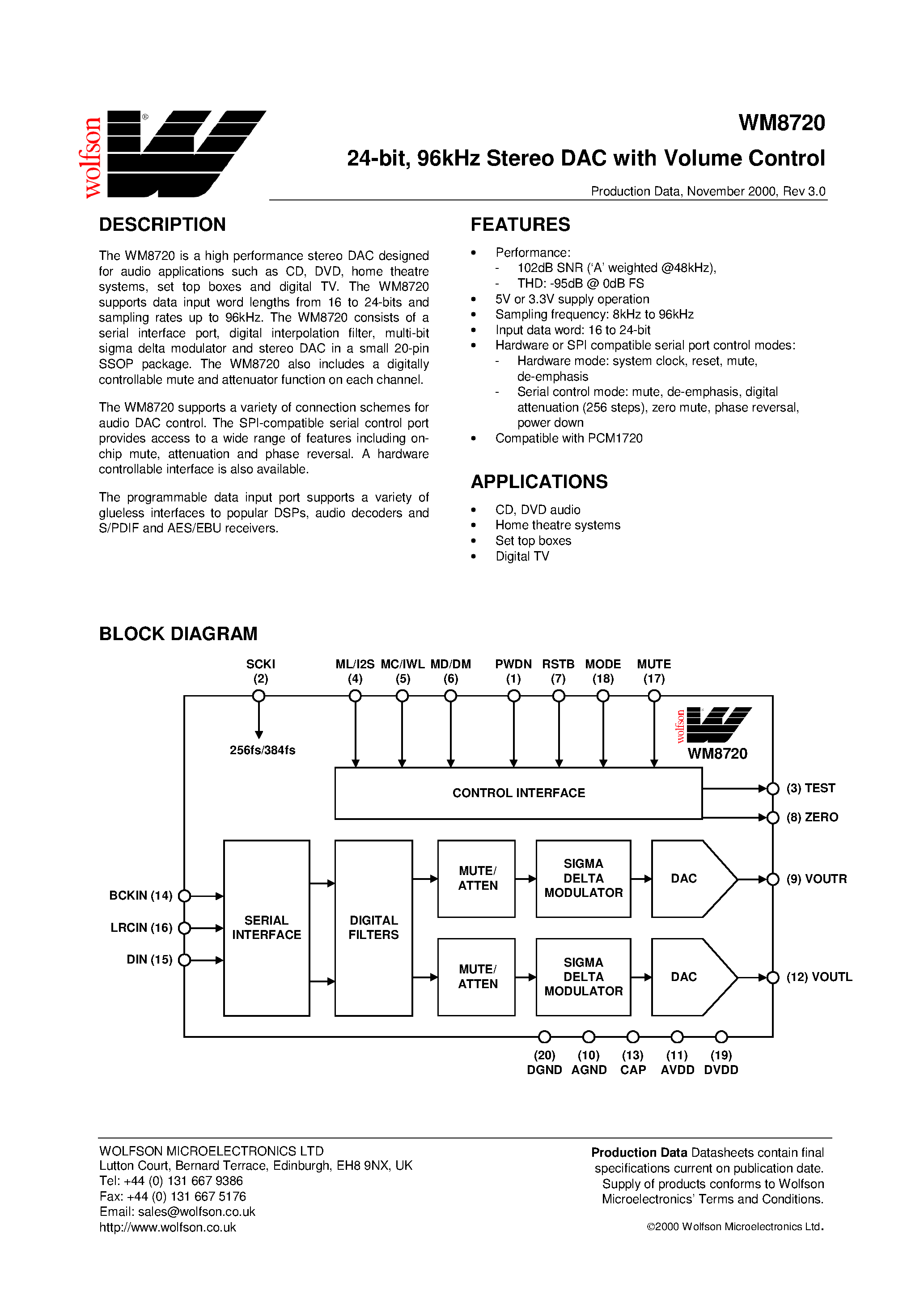 Datasheet WM8720 page 1 Datasheet WM8720 - 24-bit/ 96kHz Stereo DACwith Volume Control page 1