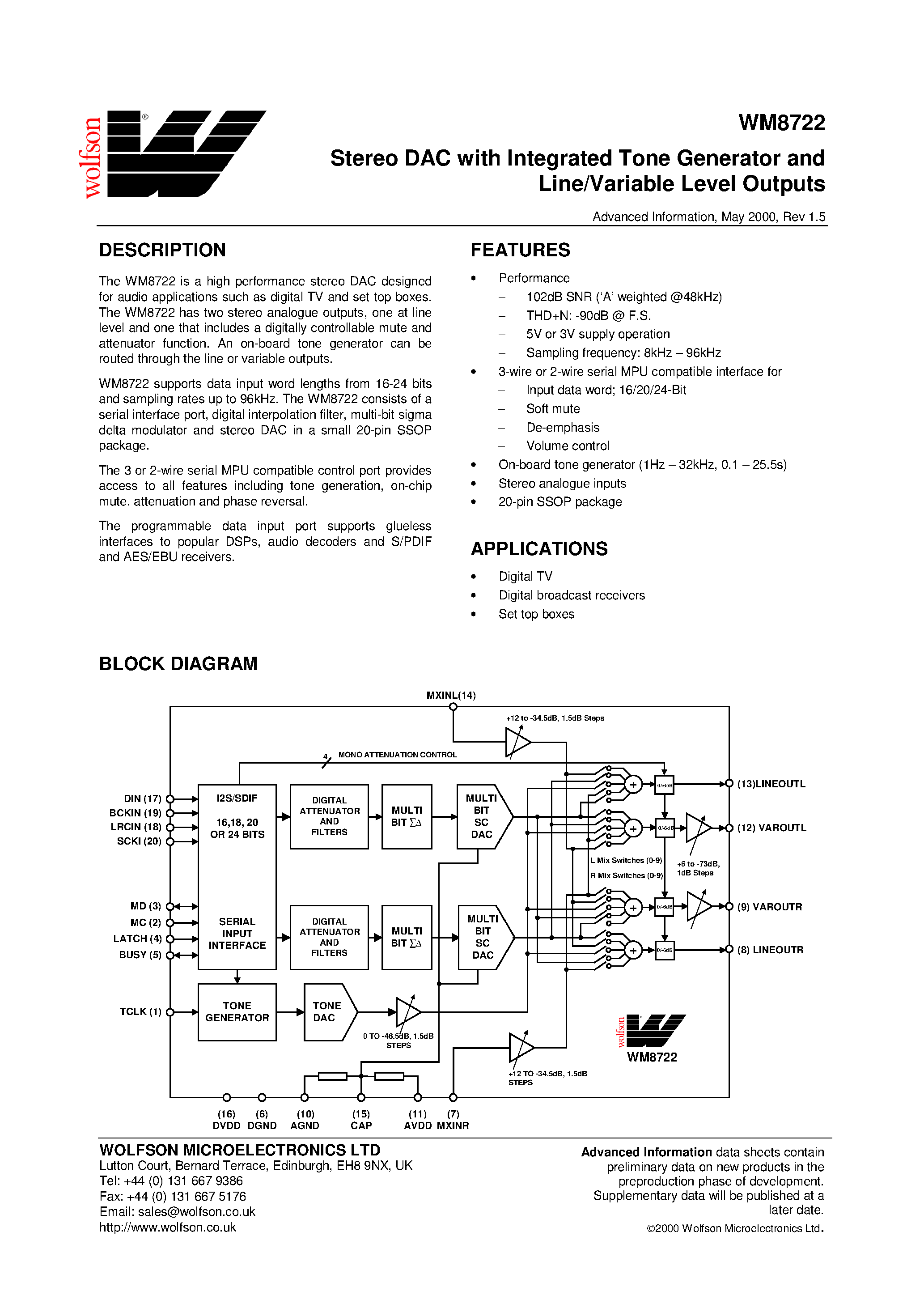 Datasheet WM8722 - Stereo DAC with Integrated Tone Generator and Line/Variable Level Outputs page 1