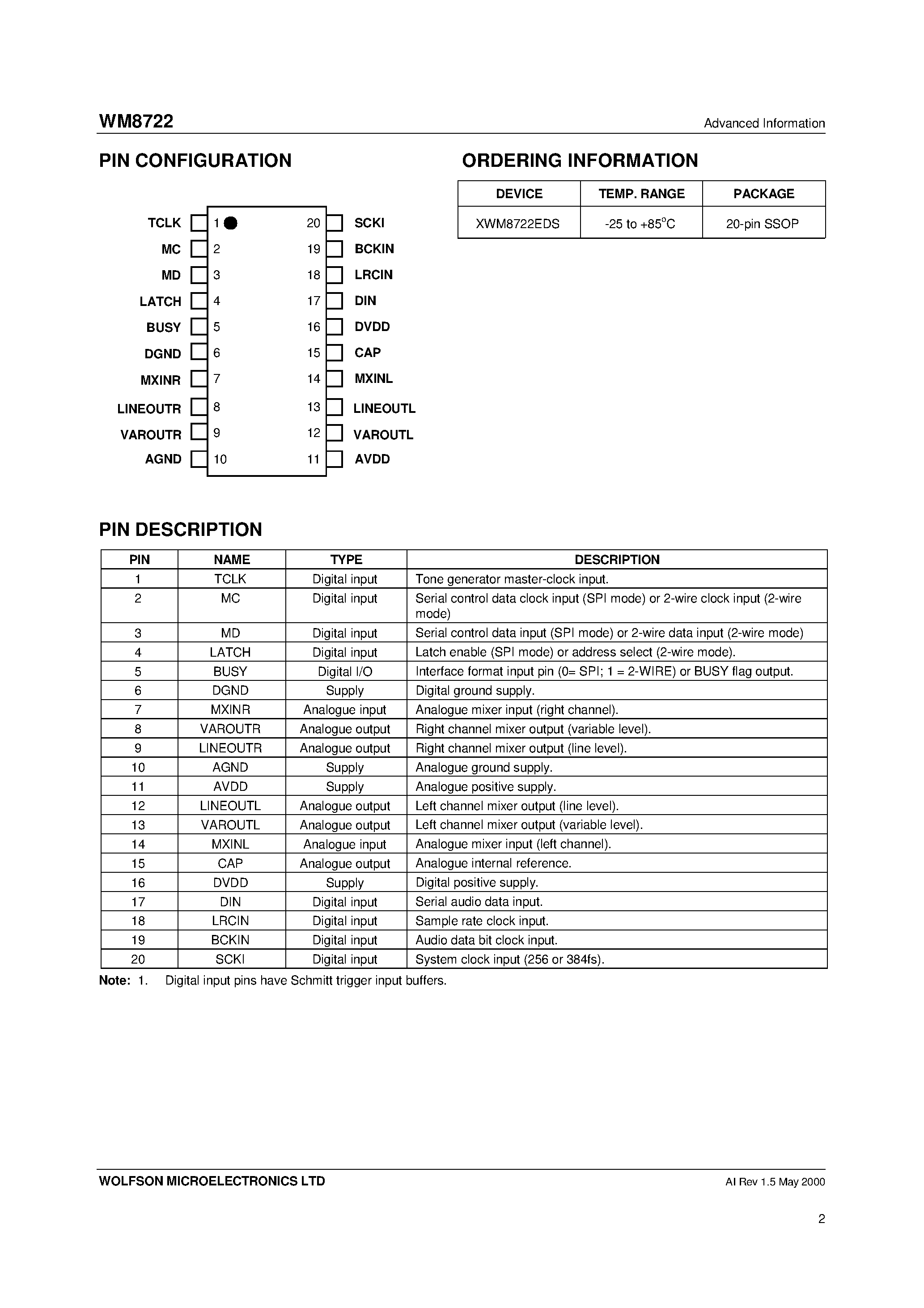 Datasheet WM8722 - Stereo DAC with Integrated Tone Generator and Line/Variable Level Outputs page 2