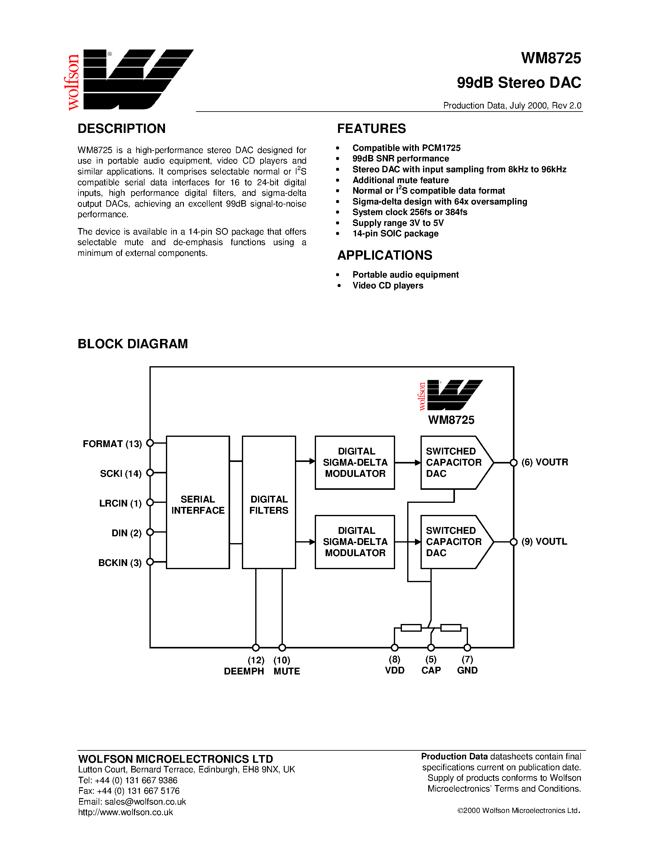 Datasheet WM8725 - 99dB Stereo DAC page 1