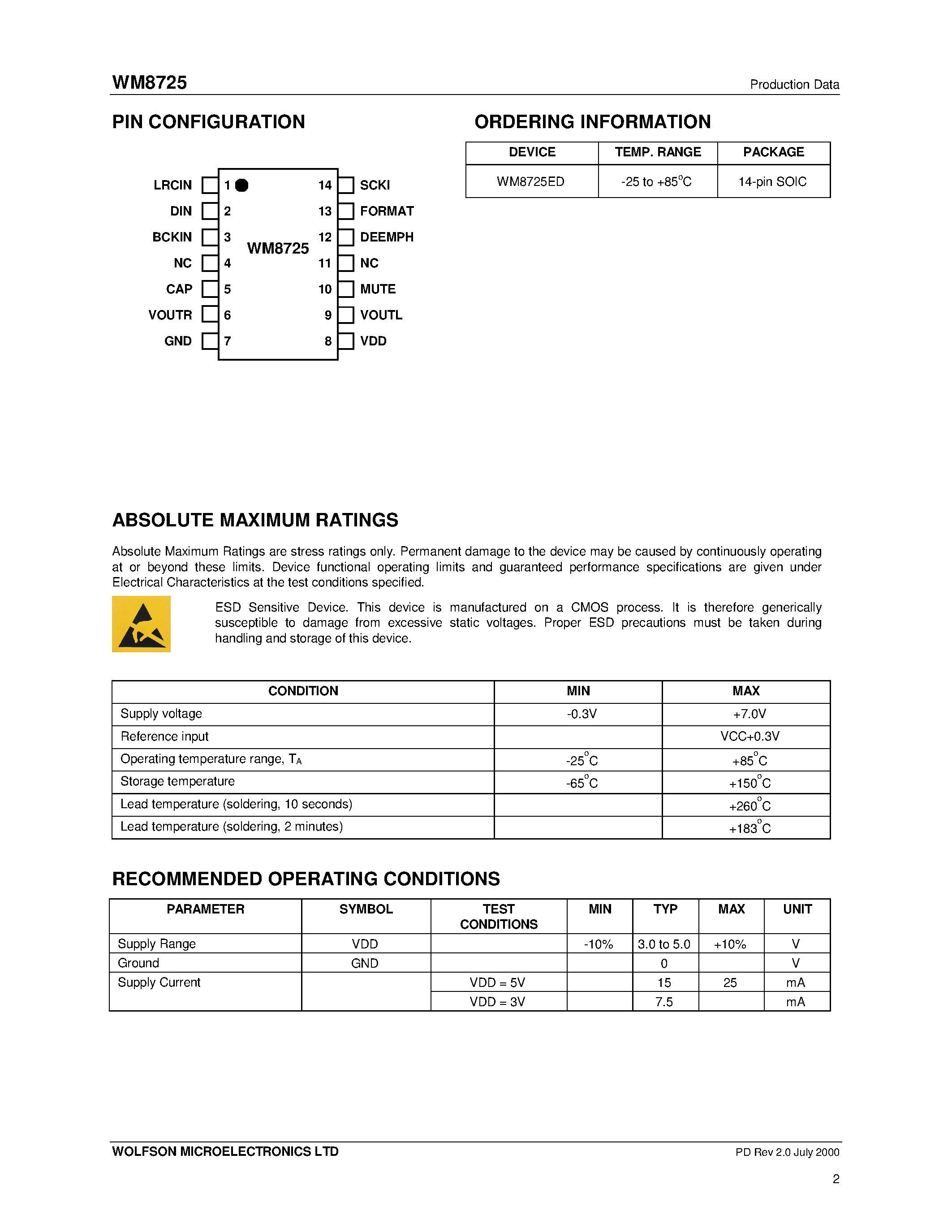 Datasheet WM8725 - 99dB Stereo DAC page 2