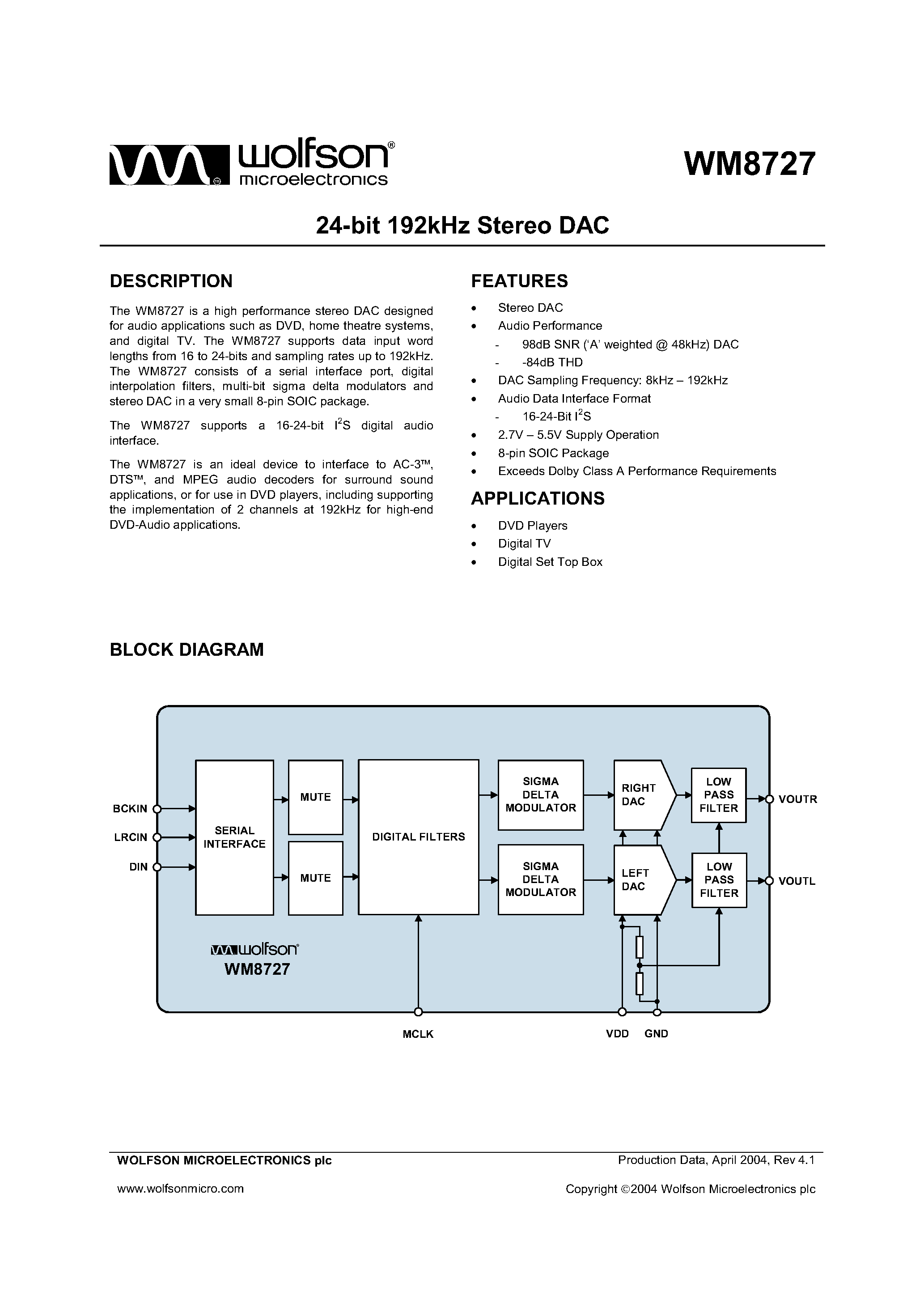 Datasheet WM8727ED/R page 1 Datasheet WM8727ED/R - 24 BIT 192 KHZ STEREO DAC page 1