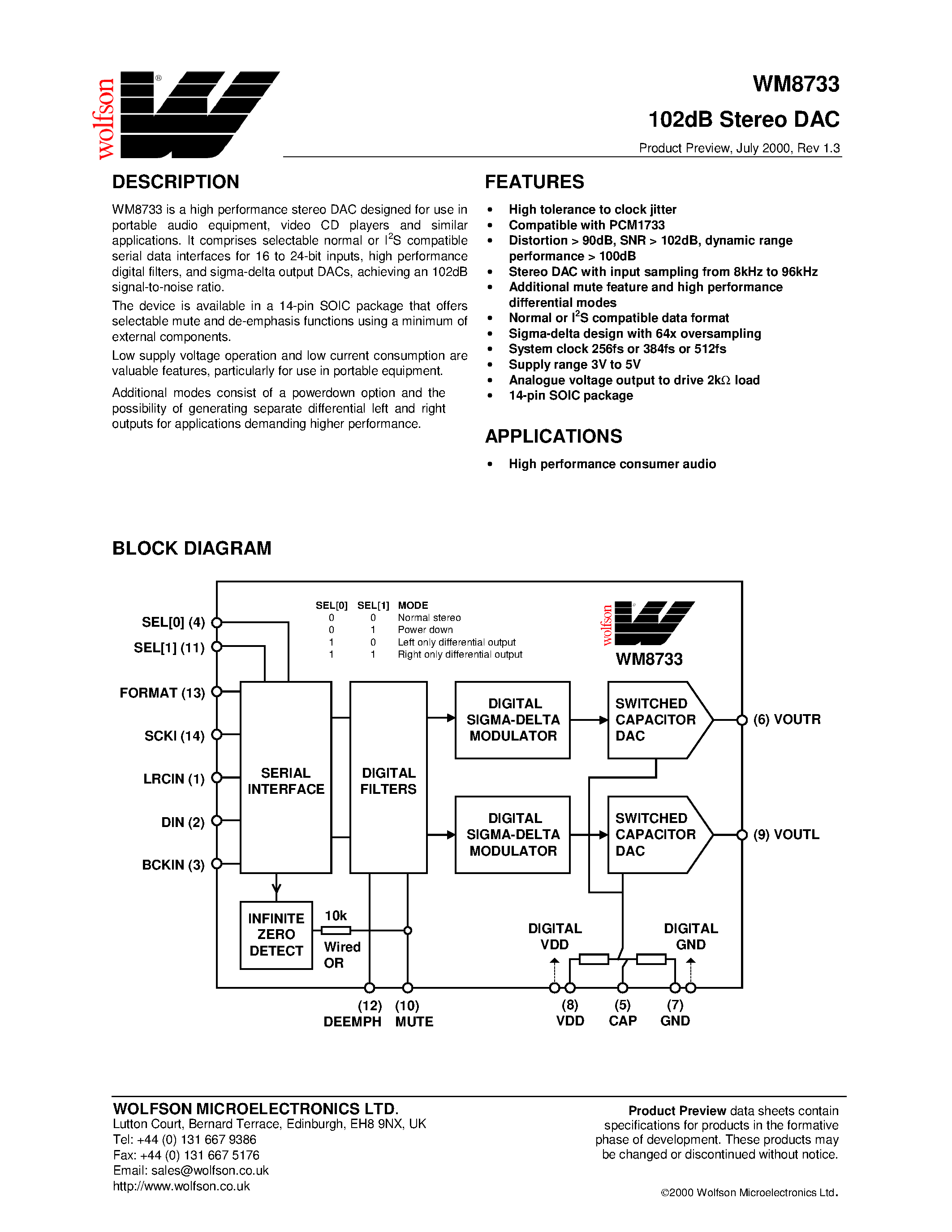 Datasheet WM8733 page 1 Datasheet WM8733 - 102dB Stereo DAC page 1