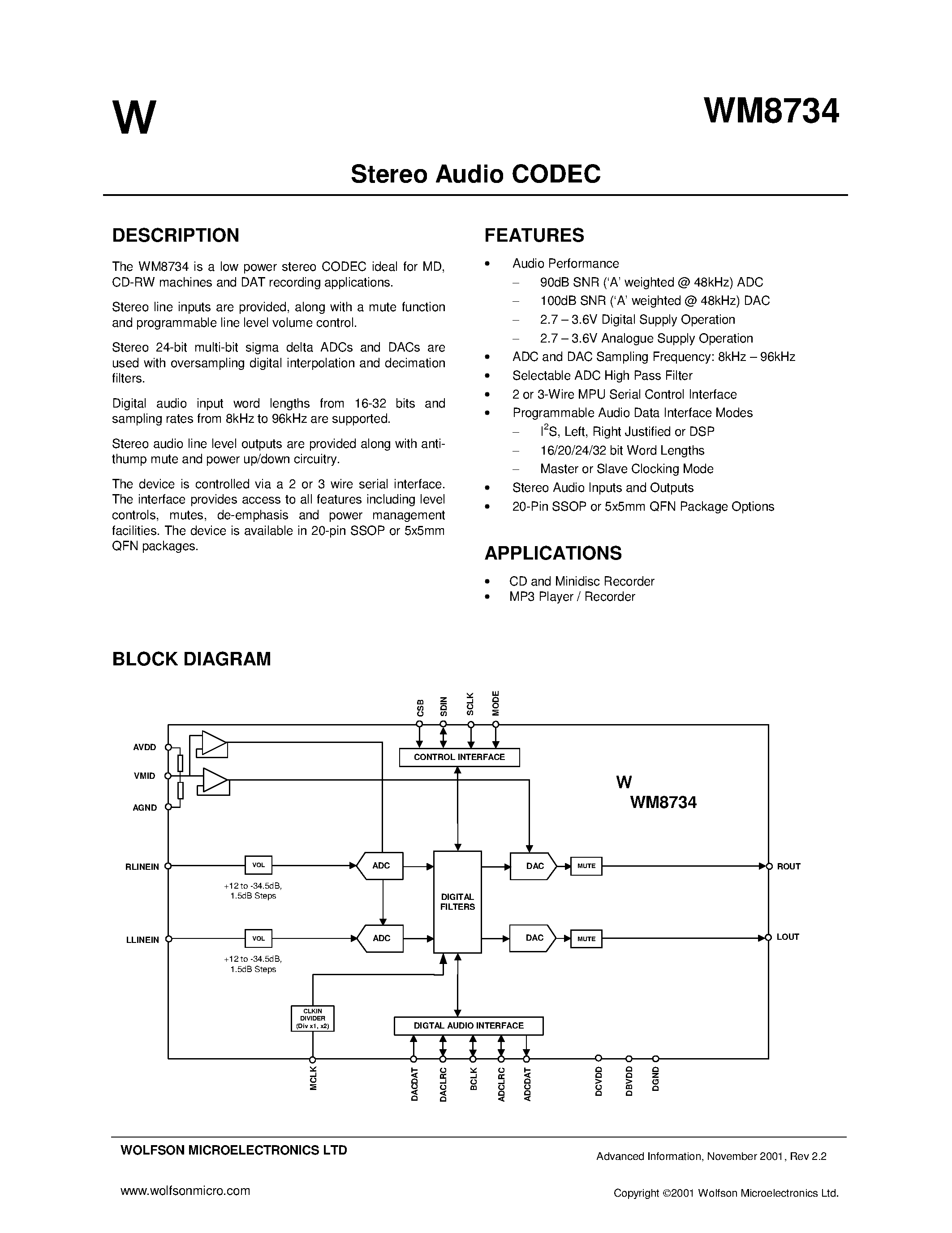 Datasheet WM8734 - STEREO AUDIO CODEC page 1