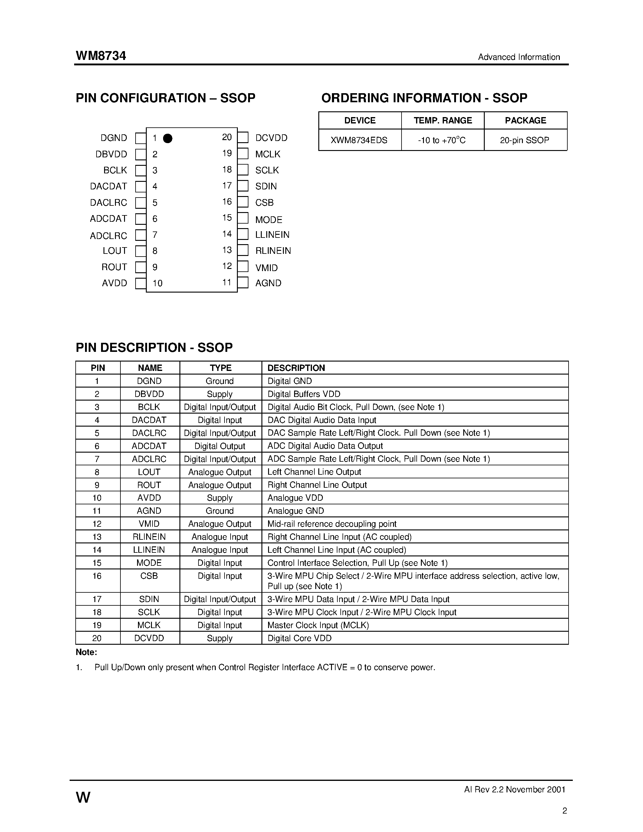 Datasheet WM8734EDS - STEREO AUDIO CODEC page 2