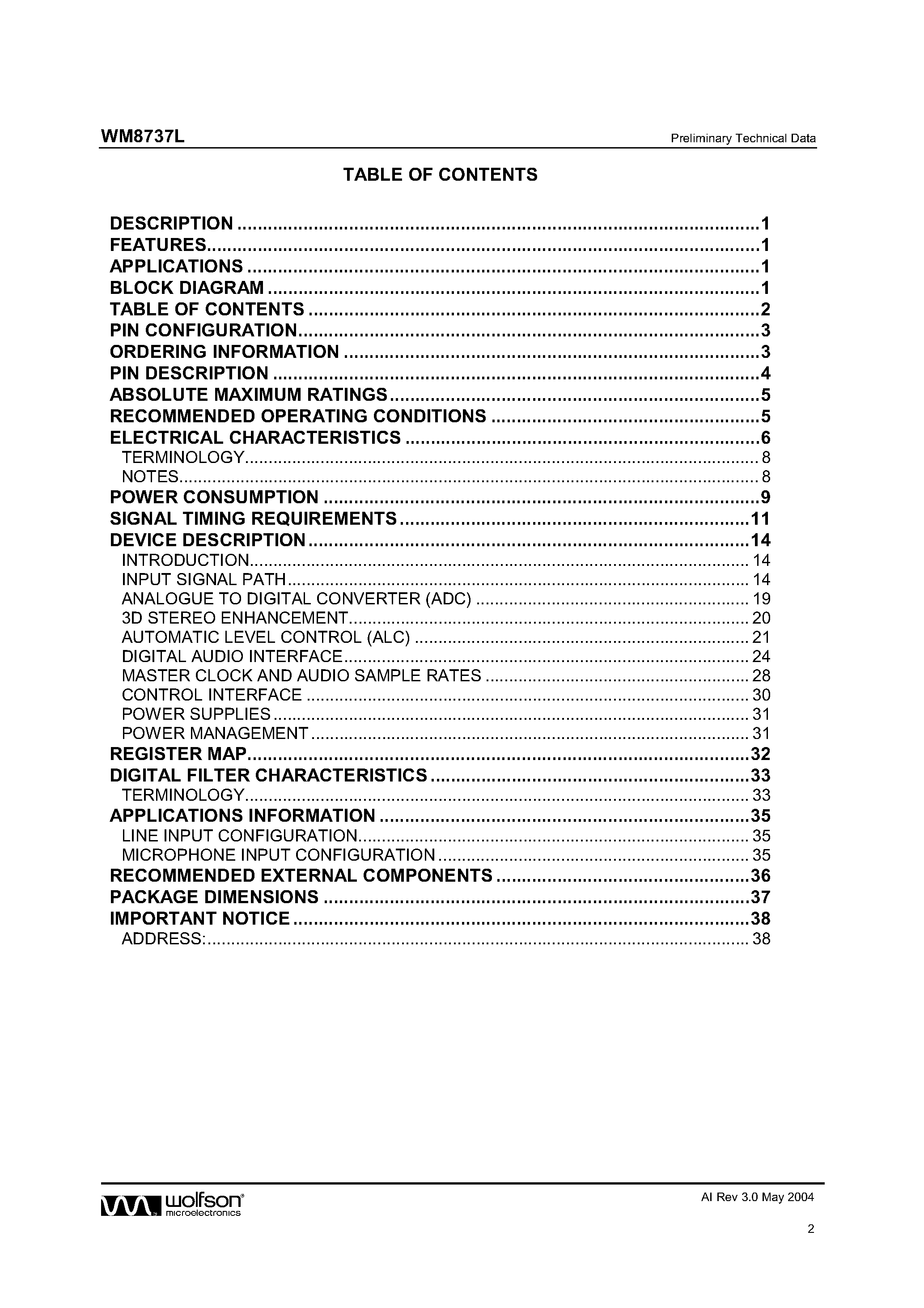 Datasheet WM8737 page 2 Datasheet WM8737 - STEREO ADC WITH MICROPHONE PREAMPLIFIER page 2