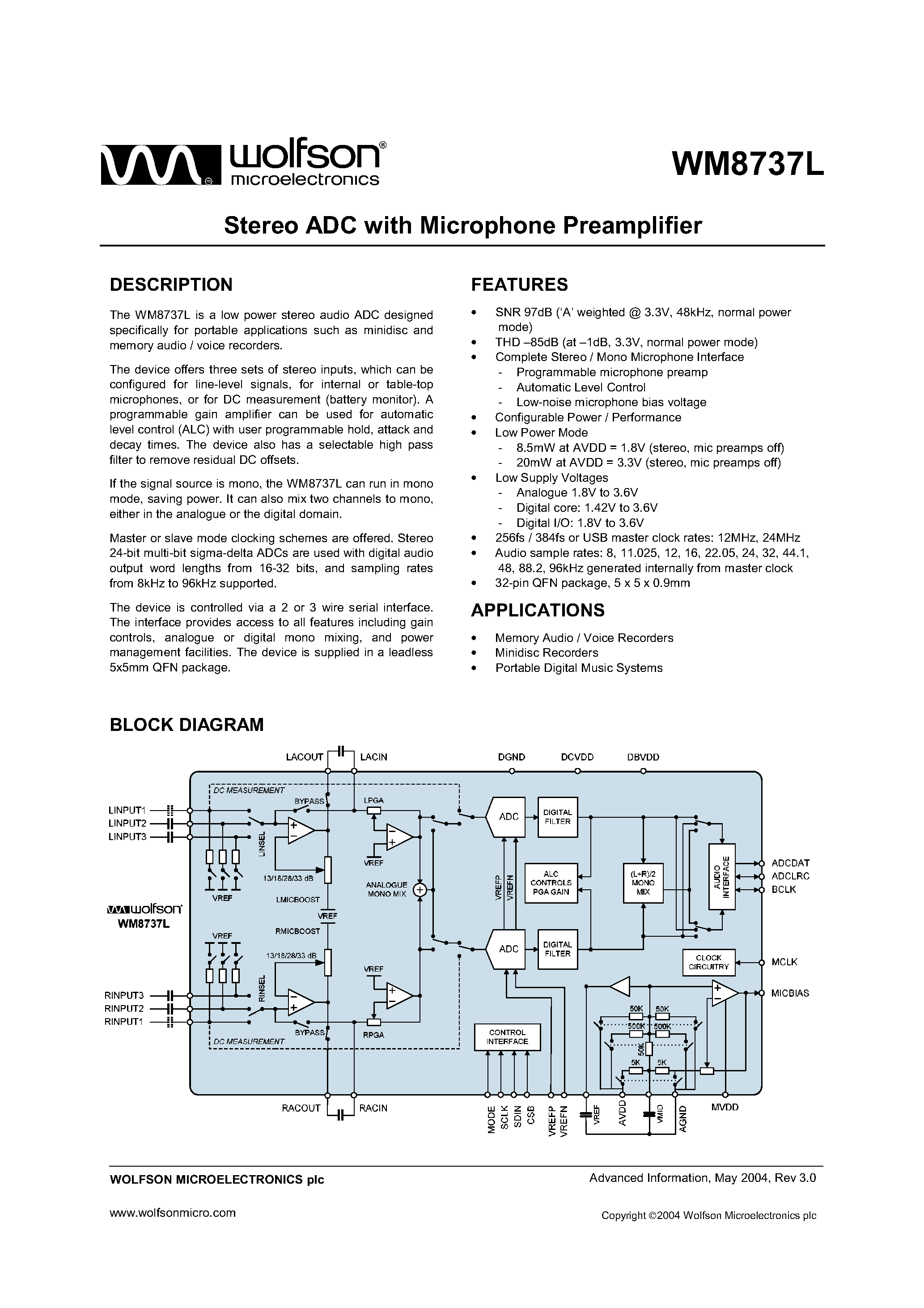 Datasheet WM8737GEFL page 1 Datasheet WM8737GEFL - STEREO ADC WITH MICROPHONE PREAMPLIFIER page 1