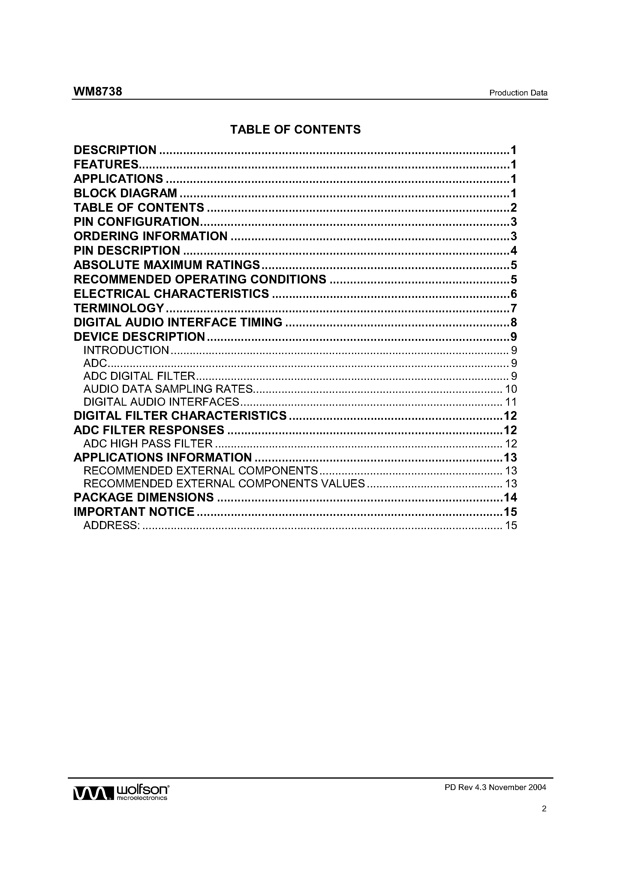 Datasheet WM8738 page 2 Datasheet WM8738 - 24 BIT STEREO ADC page 2