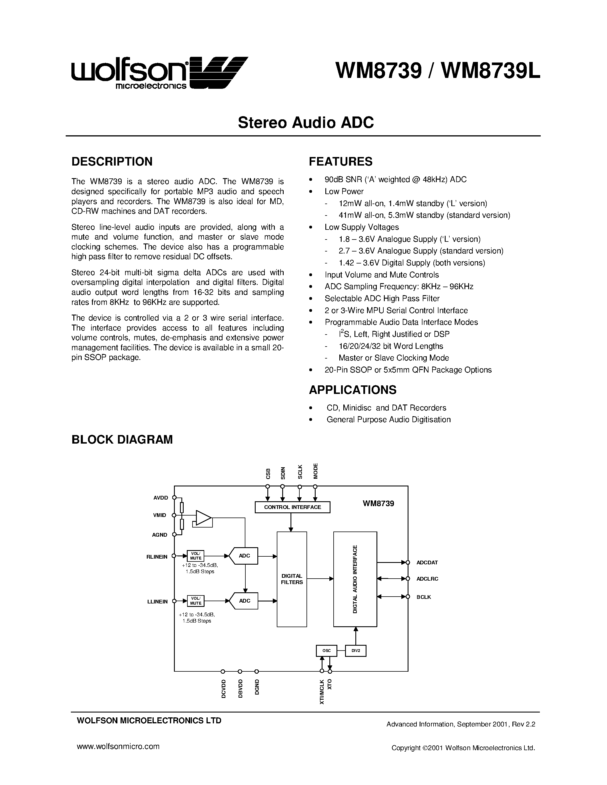 Datasheet WM8739 - STEREO AUDIO ADC page 1
