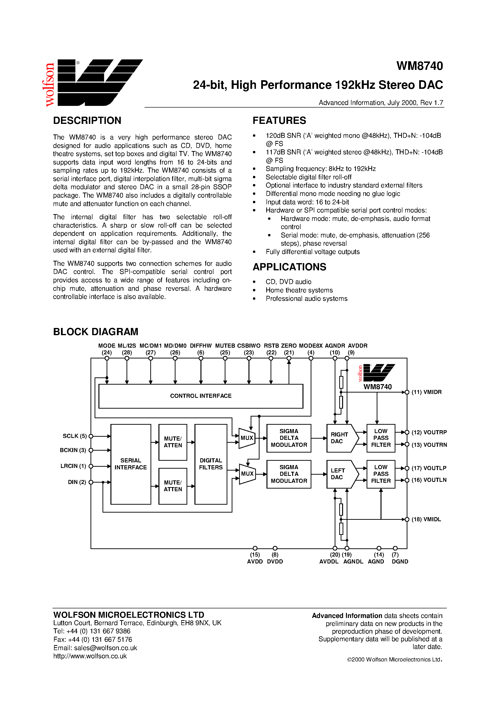 Datasheet WM8740 page 1 Datasheet WM8740 - 24-bit/ High Performance 192kHz Stereo DAC page 1