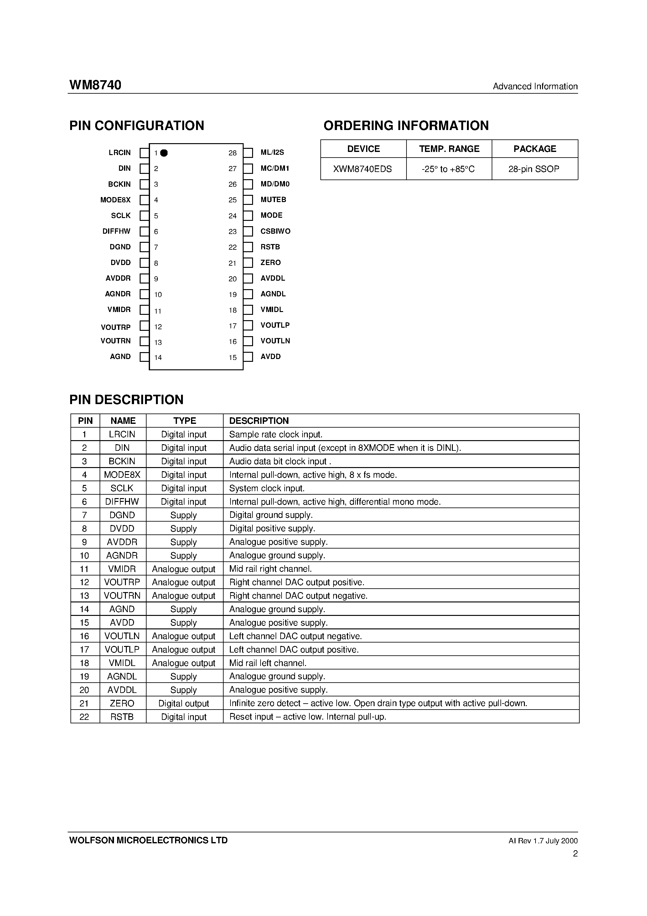 Datasheet WM8740 page 2 Datasheet WM8740 - 24-bit/ High Performance 192kHz Stereo DAC page 2