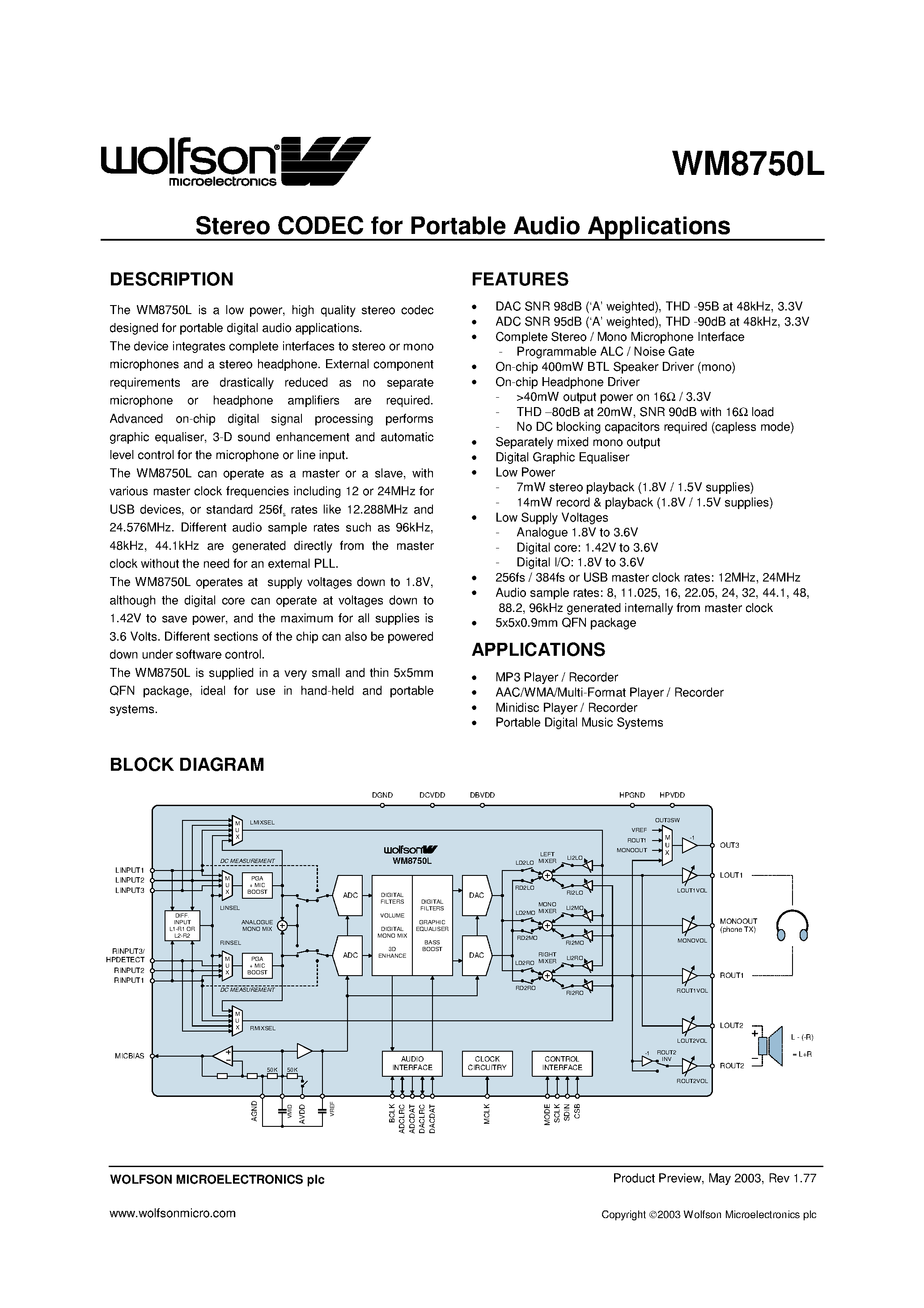 Datasheet WM8750L page 1 Datasheet WM8750L - STEREO CODEC FOR PORTABLE AUDIO APPLICATIONS page 1