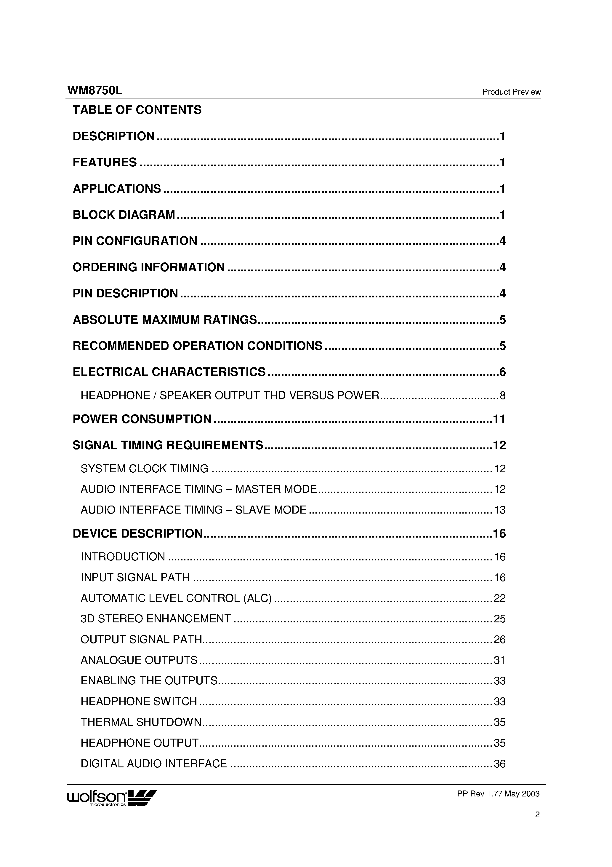 Datasheet WM8750L page 2 Datasheet WM8750L - STEREO CODEC FOR PORTABLE AUDIO APPLICATIONS page 2