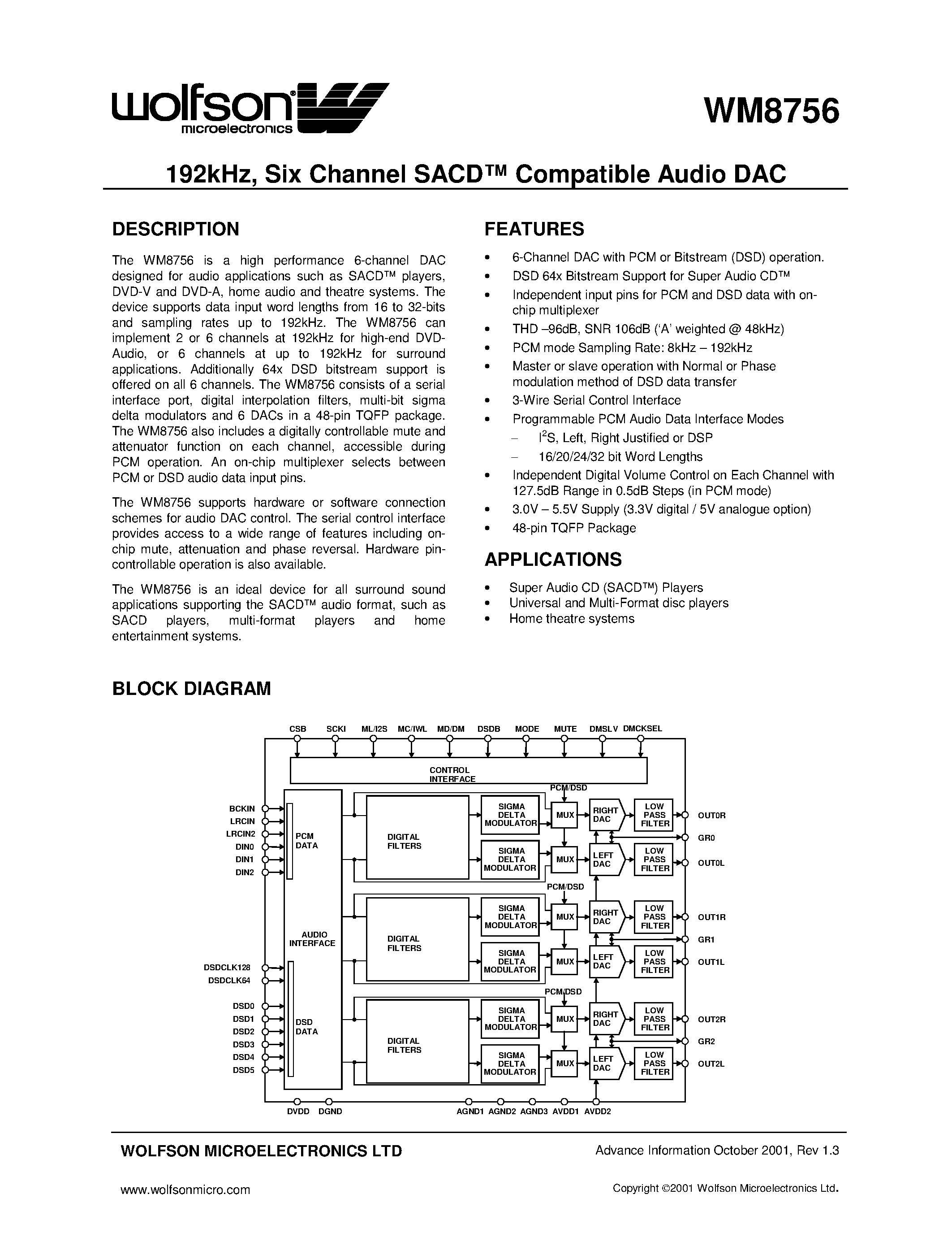 Datasheet WM8756 - 192KHZ SIX CHANNEL SACD COMPATIBLE AUDIO DAC page 1