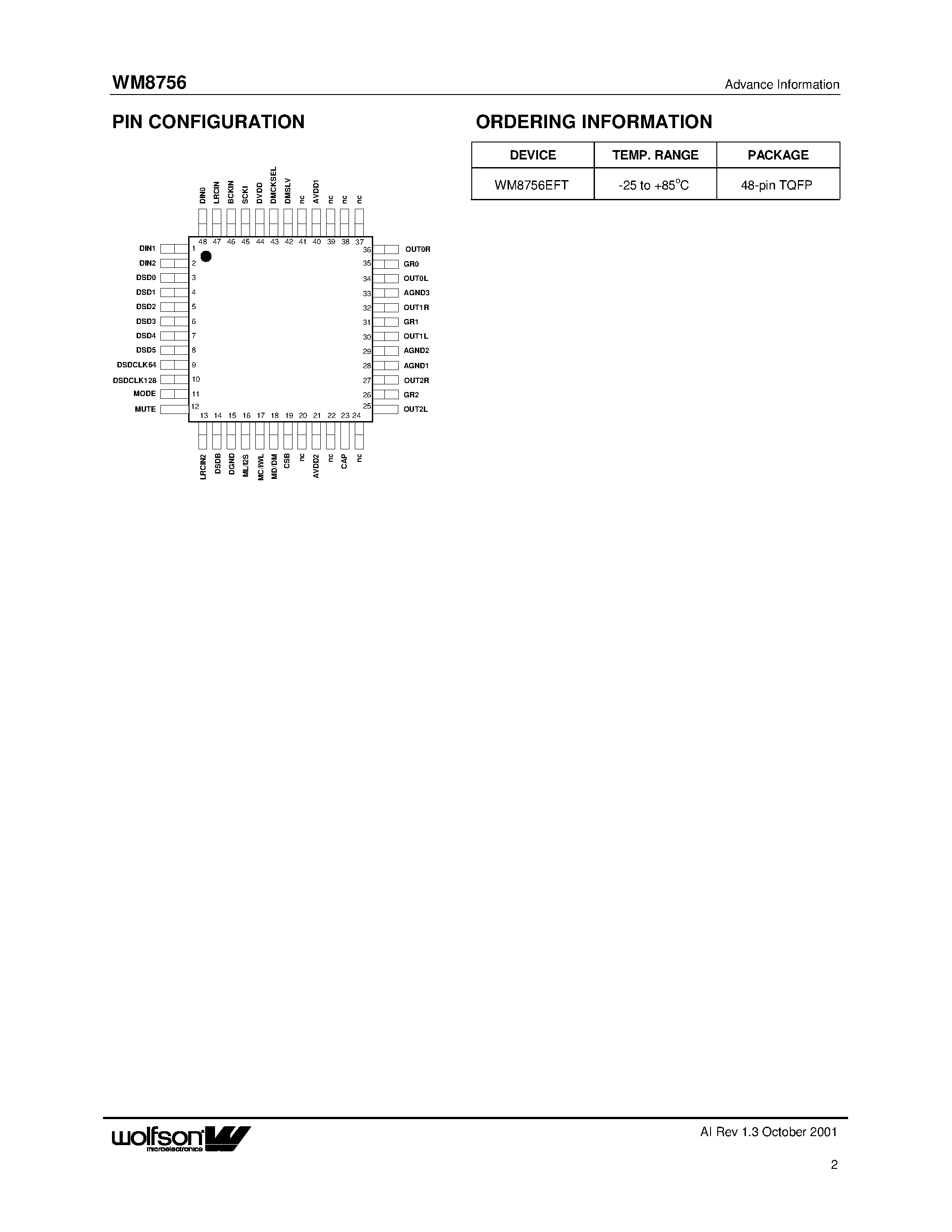 Datasheet WM8756 - 192KHZ SIX CHANNEL SACD COMPATIBLE AUDIO DAC page 2