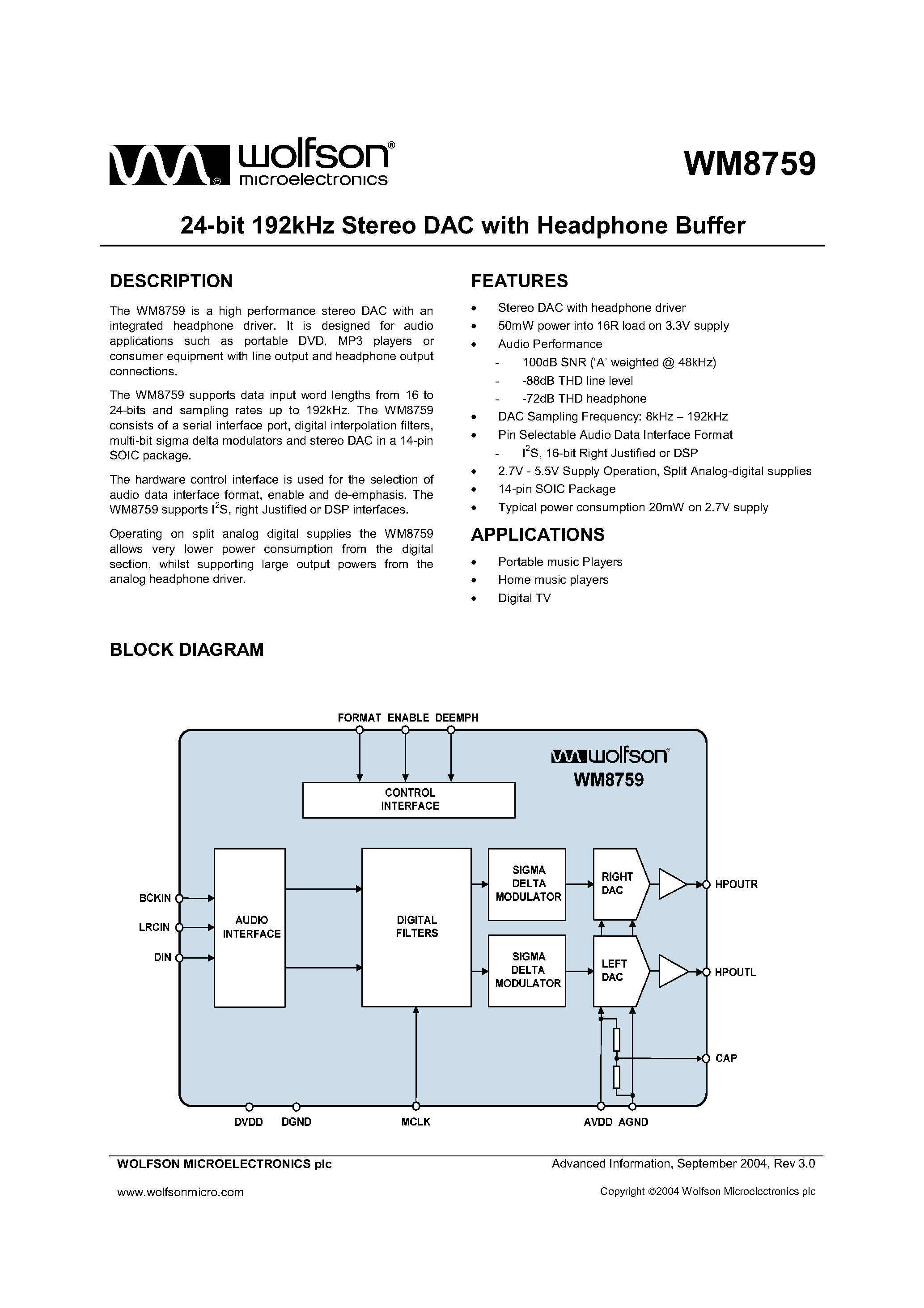 Datasheet WM8759 page 1 Datasheet WM8759 - 24 BIT 192KHZ STEREO DAC WITH HEADPHONE BUFFER page 1