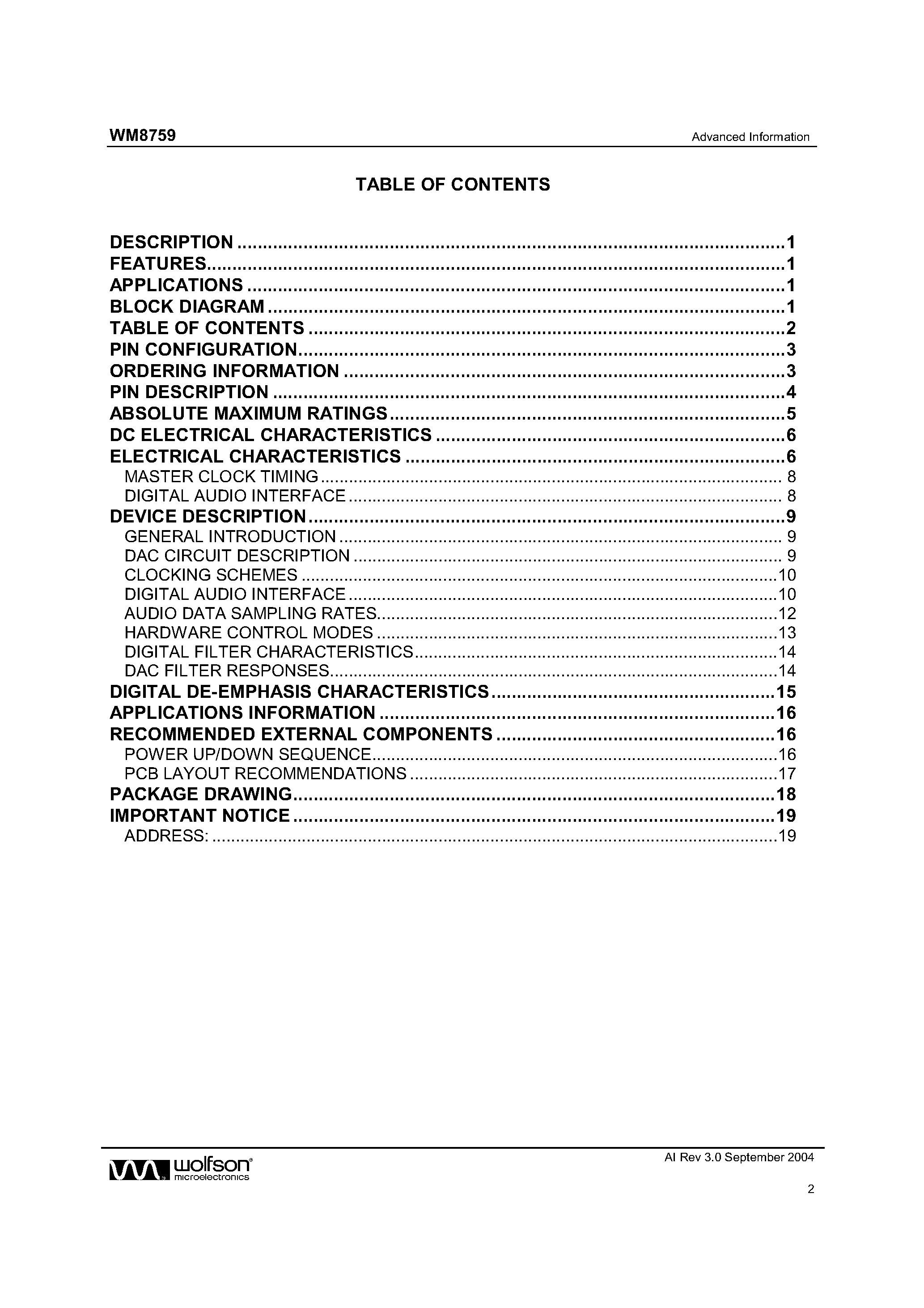 Datasheet WM8759 page 2 Datasheet WM8759 - 24 BIT 192KHZ STEREO DAC WITH HEADPHONE BUFFER page 2