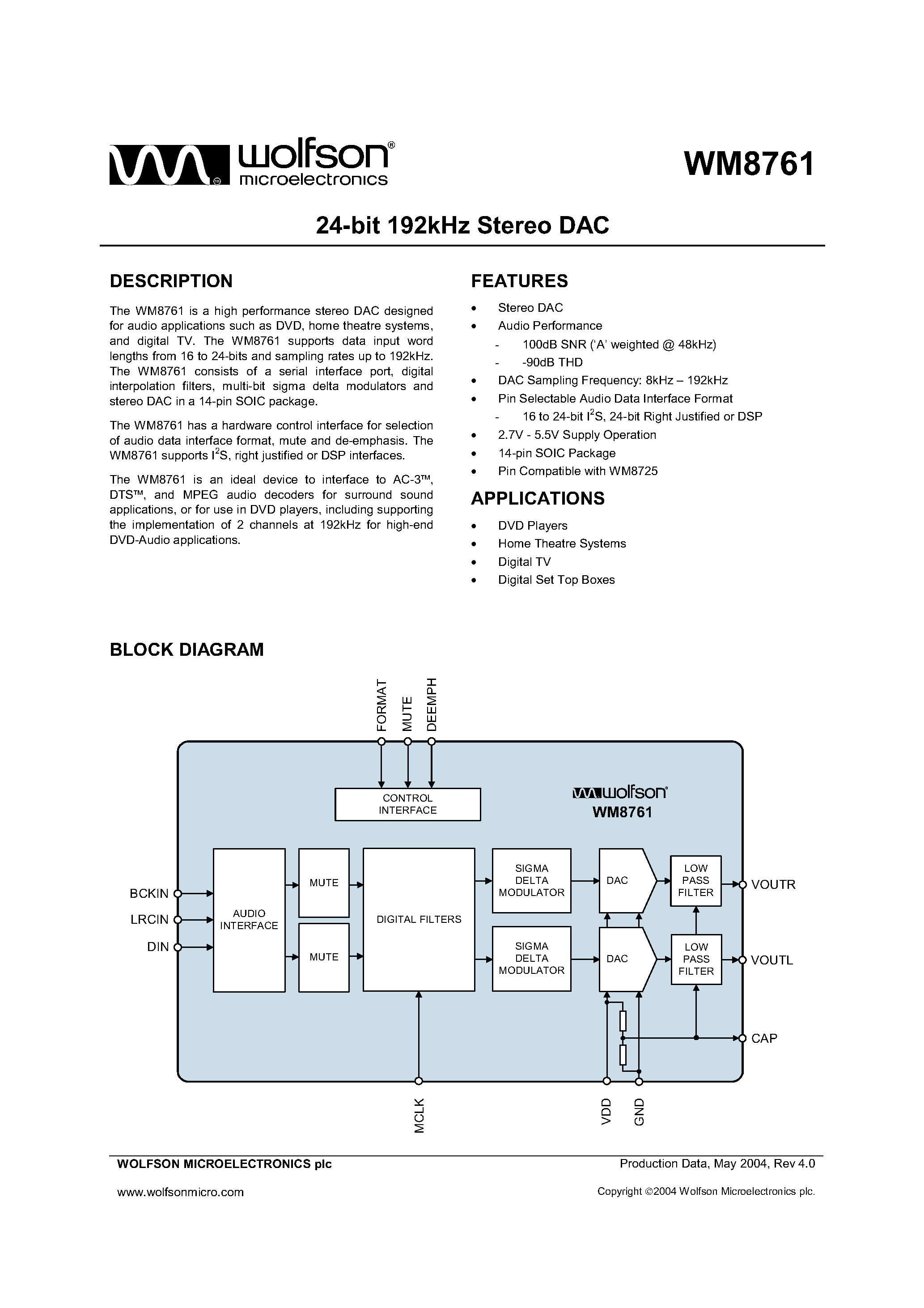 Datasheet WM8761 page 1 Datasheet WM8761 - 24BIT 192KHZ STEREO DAC page 1
