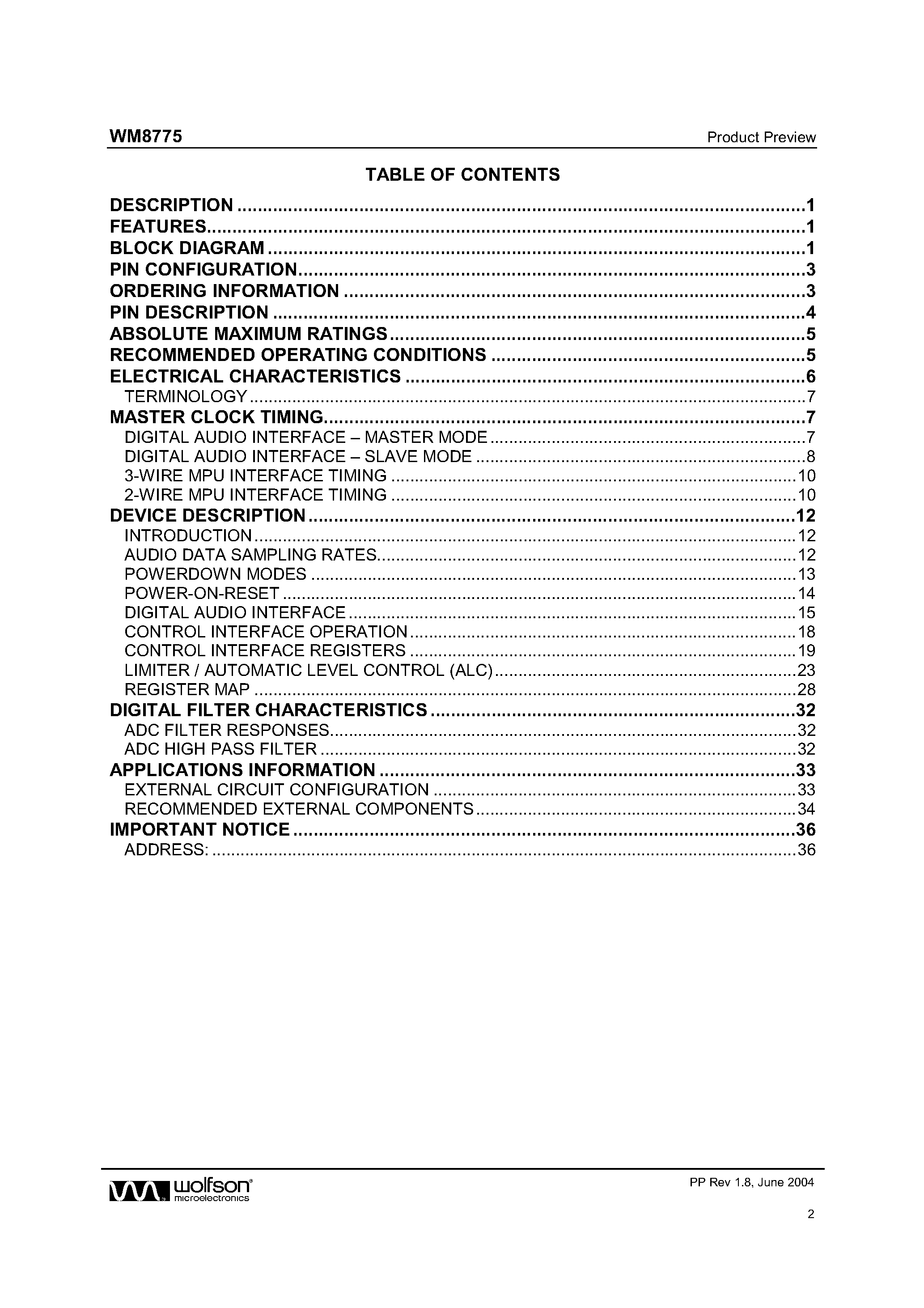 Datasheet WM8775 - 24 BIT 96 KHZ ADC WITH 4 CHANNEL I/P MULTIPLEXER page 2