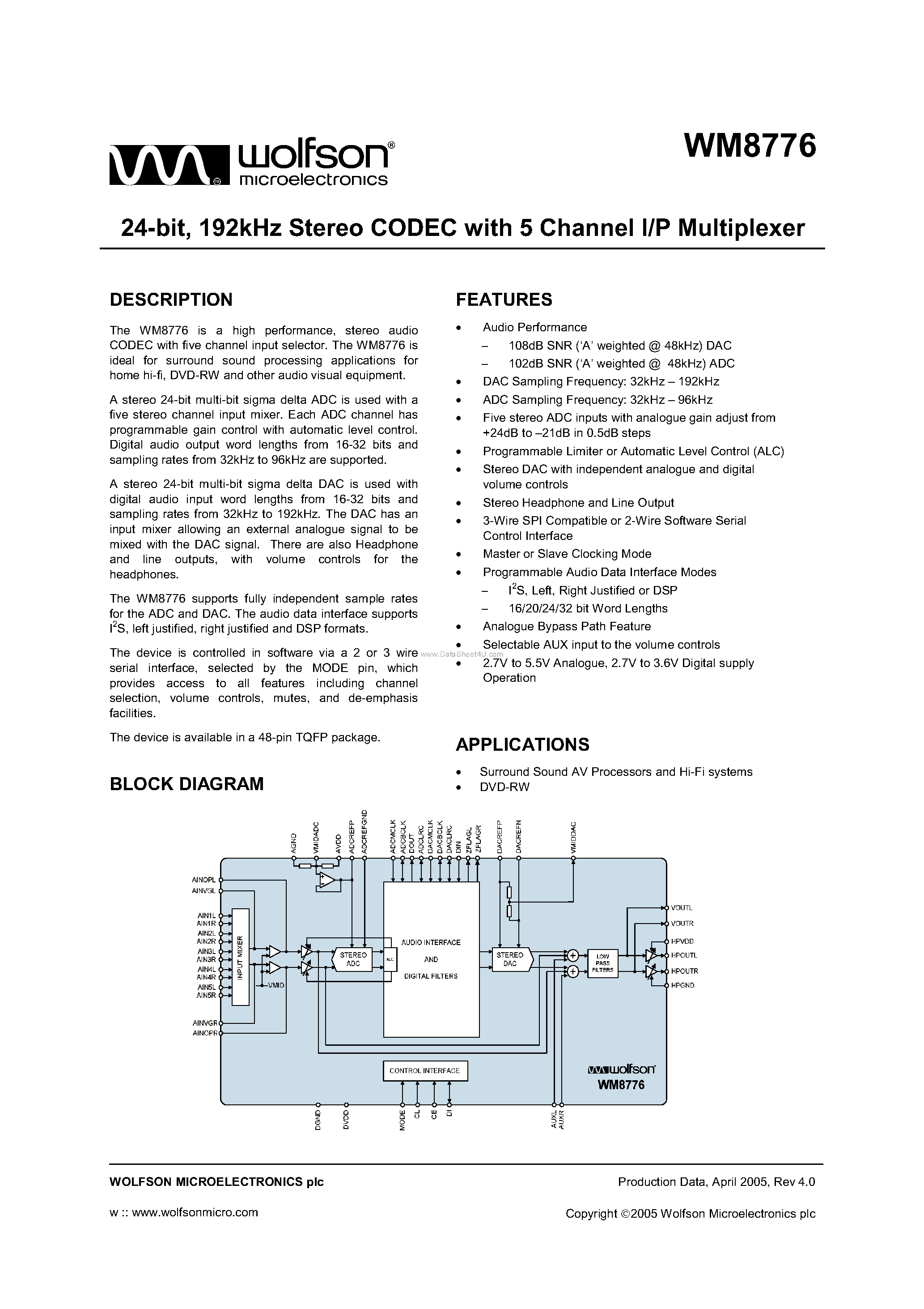 Datasheet WM8776 page 1 Datasheet WM8776 - 24 BIT 192KHZ STEREO CODEC WITH 5 CHANNEL I/P MULTIPLEXER page 1