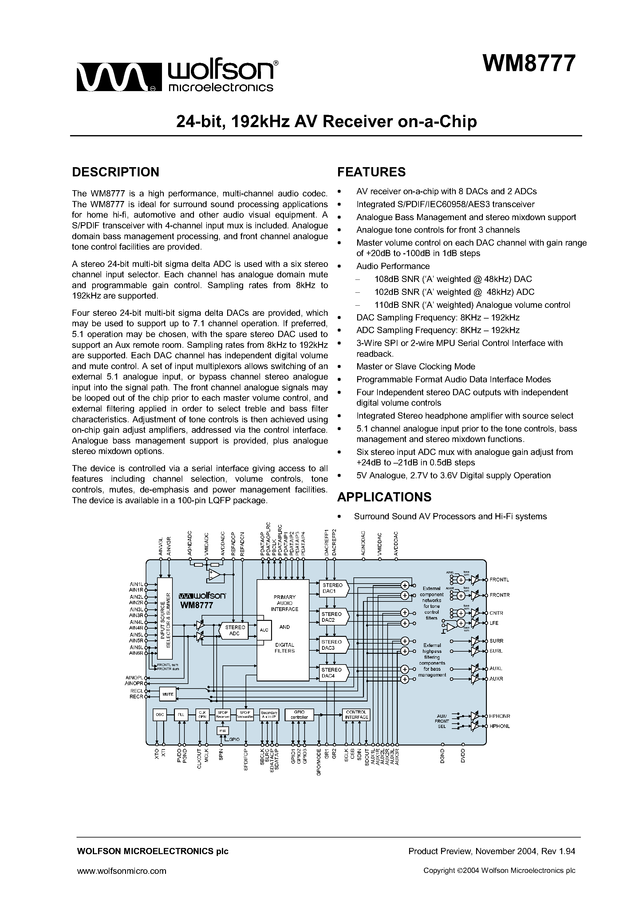 Даташит на микросхему WM8777 страница 1 Даташит WM8777 - 24 BIT 192KHZ AV RECEIVER ON A CHIP страница 1