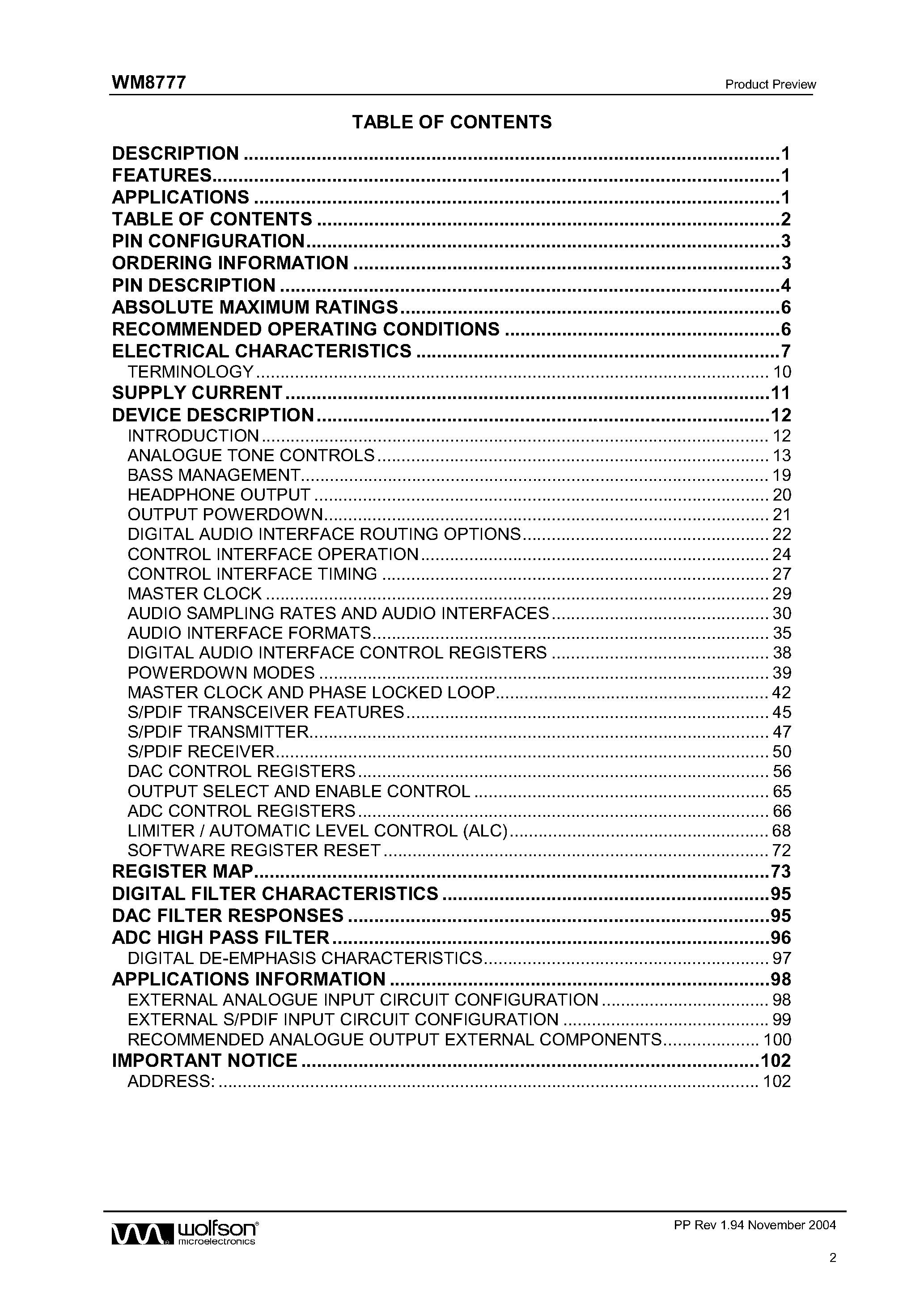 Даташит на микросхему WM8777 страница 2 Даташит WM8777 - 24 BIT 192KHZ AV RECEIVER ON A CHIP страница 2