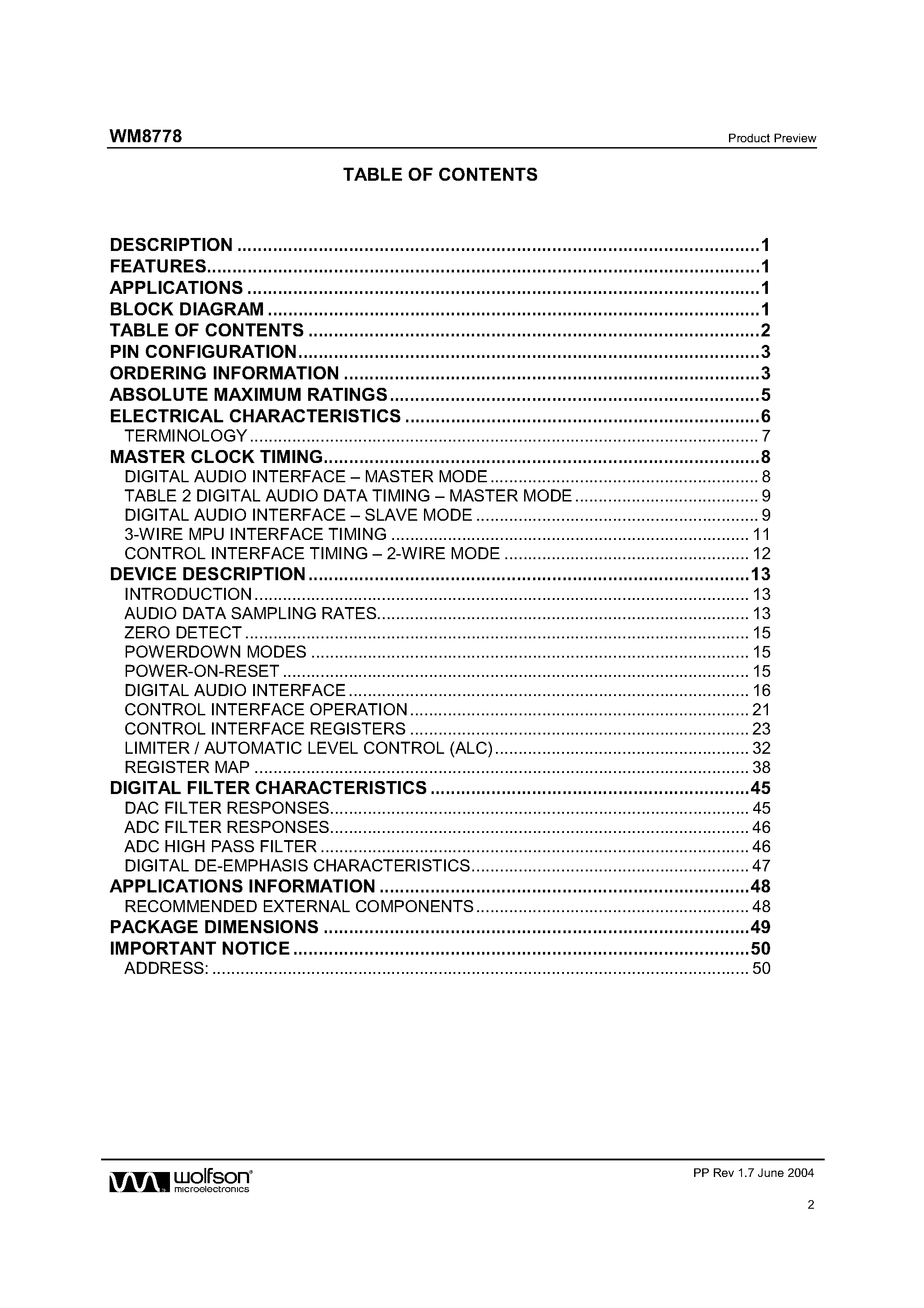 Datasheet WM8778 - 24 BIT 192KHZ STEREO CODEC page 2