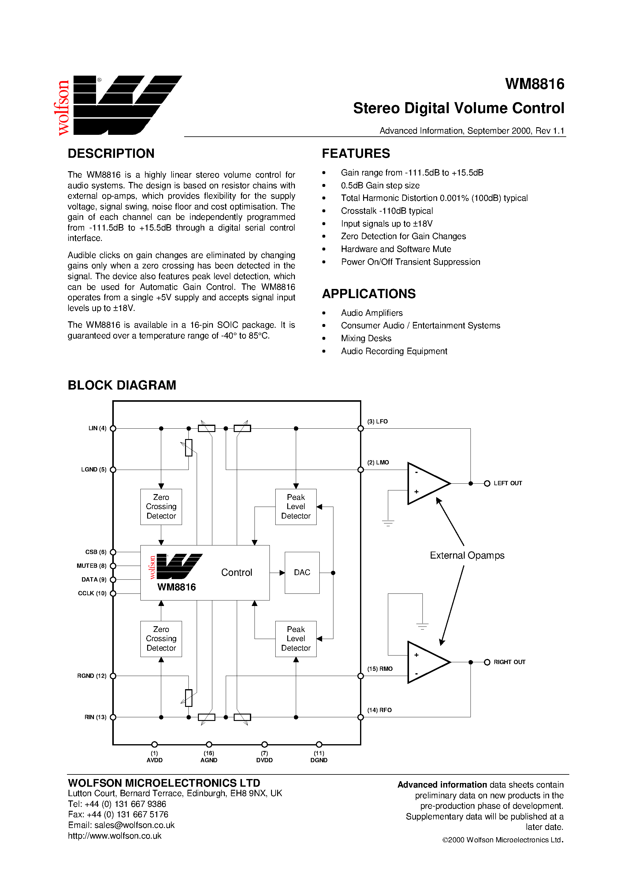 Datasheet WM8816 page 1 Datasheet WM8816 - Stereo Digital Volume Control page 1